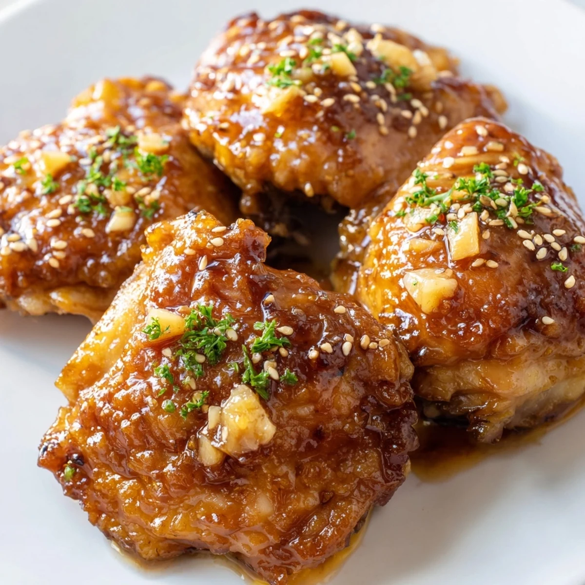 Golden glazed honey garlic chicken thighs served with crispy roasted sweet potato cubes on a white plate