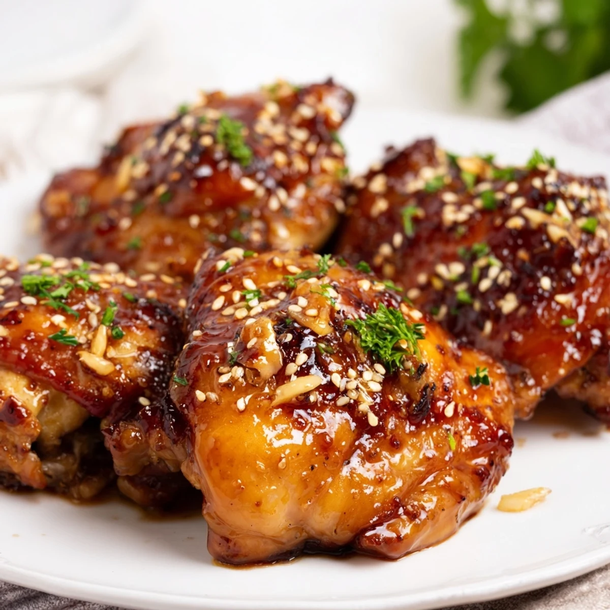 Tender honey garlic chicken resting alongside seasoned roasted sweet potatoes on a baking sheet with parchment paper