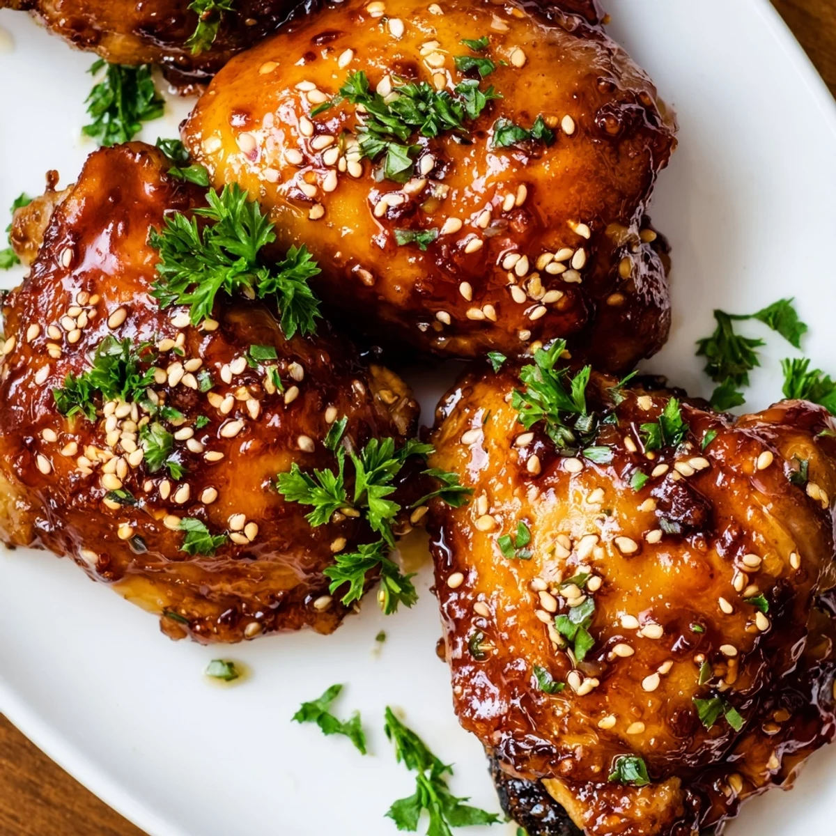 Honey garlic chicken with roasted sweet potatoes garnished with fresh parsley and sesame seeds on a rustic wooden board