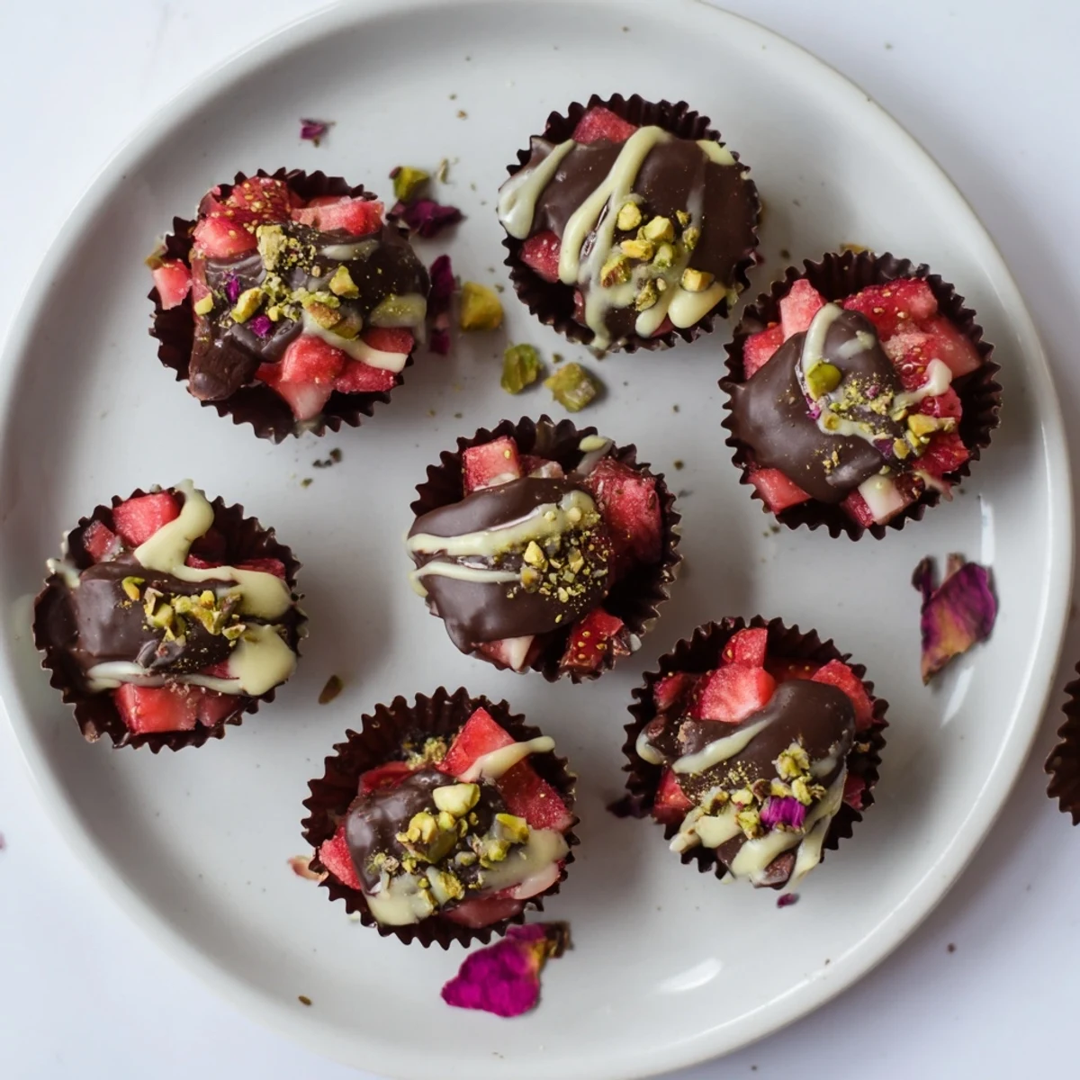 Decadent Dubai chocolate covered strawberry cups topped with pistachios and rose petals on a white plate