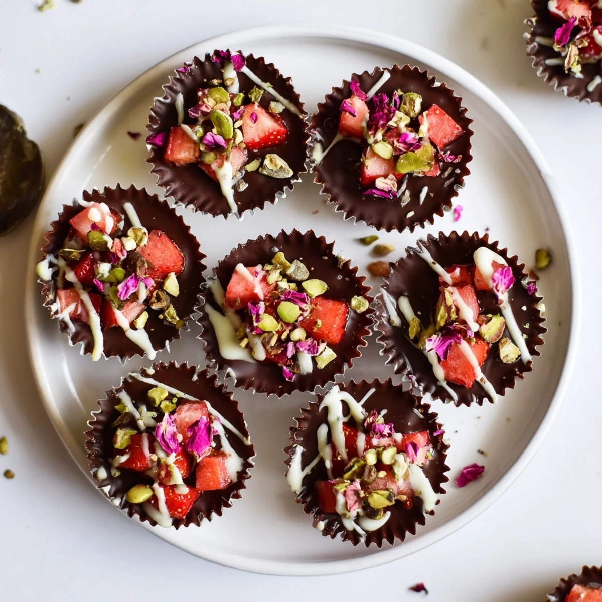 Rich dark chocolate filled strawberry cups garnished with chopped pistachios and edible gold leaf for elegant desserts