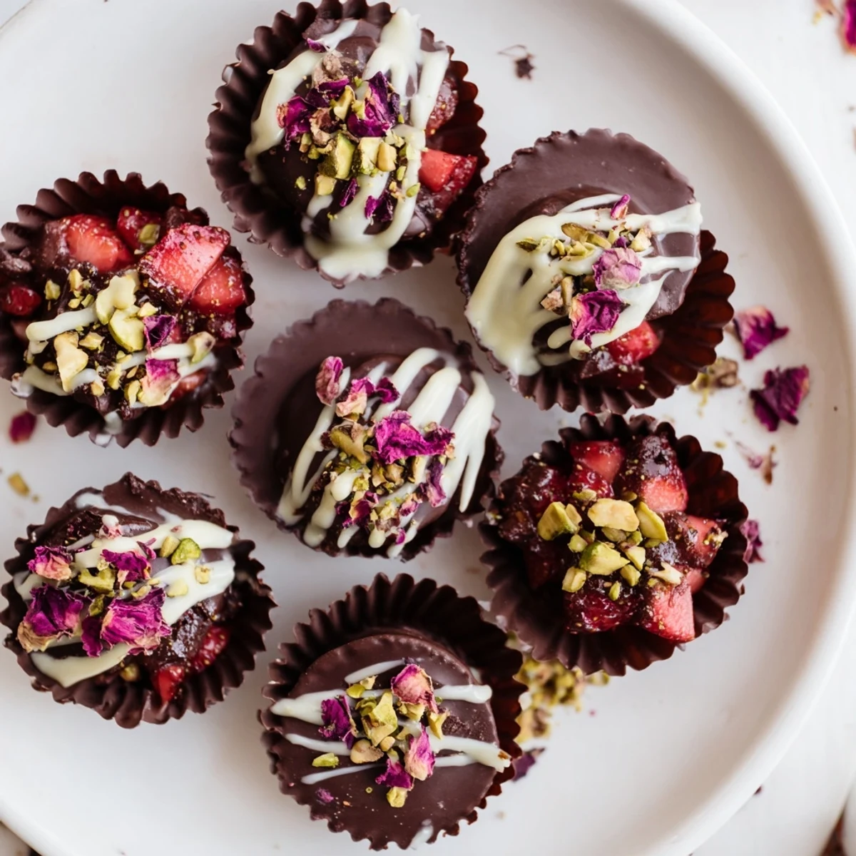 Silky chocolate covered strawberry cups with fresh strawberry filling and white chocolate drizzle on marble surface