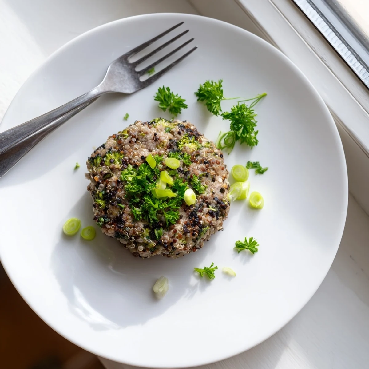Golden pan-fried turkey broccoli and quinoa burgers served on a white plate