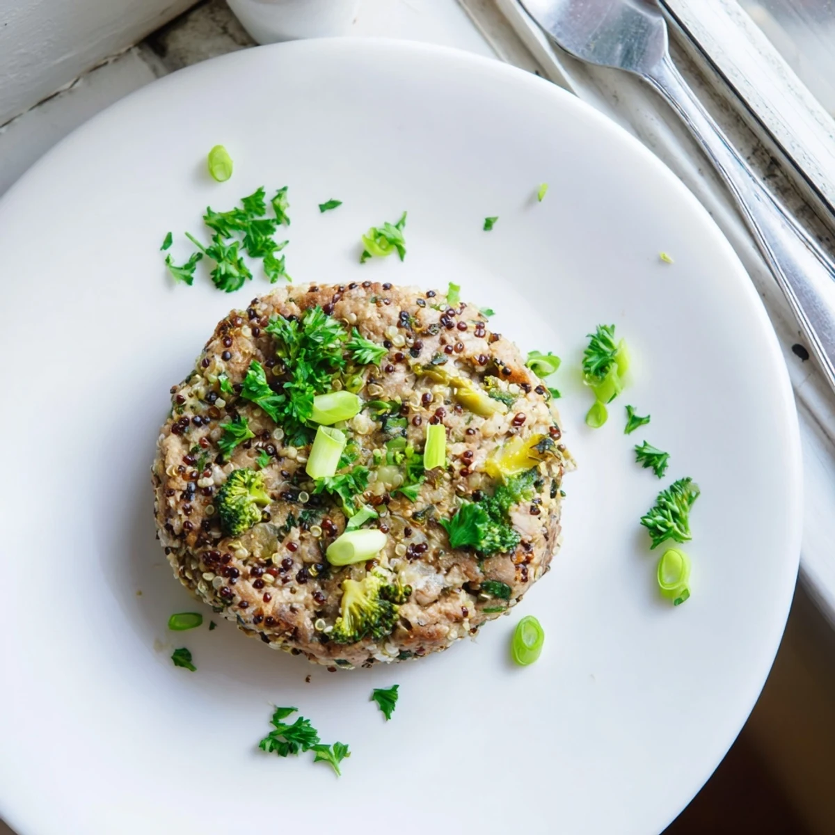 Gluten-free turkey broccoli quinoa burgers with fresh green onions and herbs