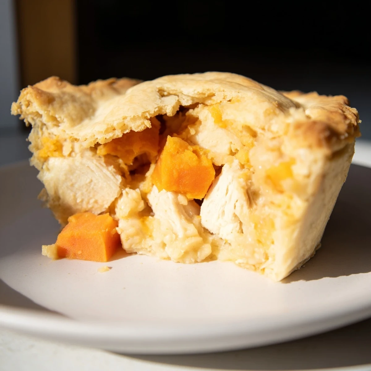 Golden sweet potato chicken pie with flaky crust topped with vibrant tomato olive salsa
