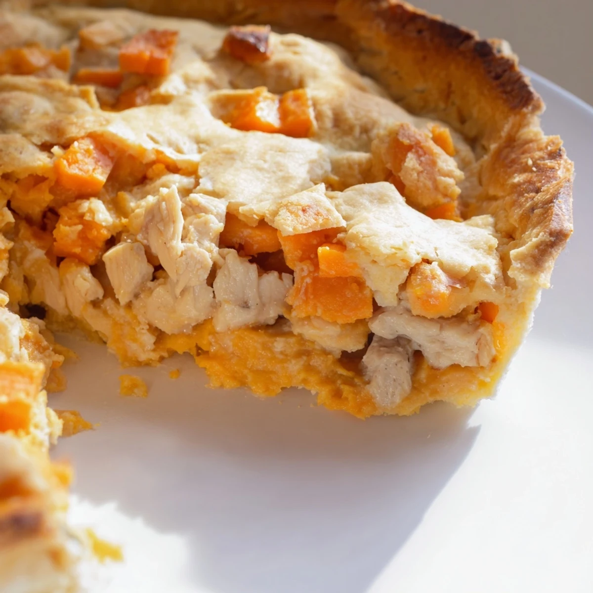 Sliced sweet potato and chicken pie featuring tender filling served alongside tangy tomato olive salsa