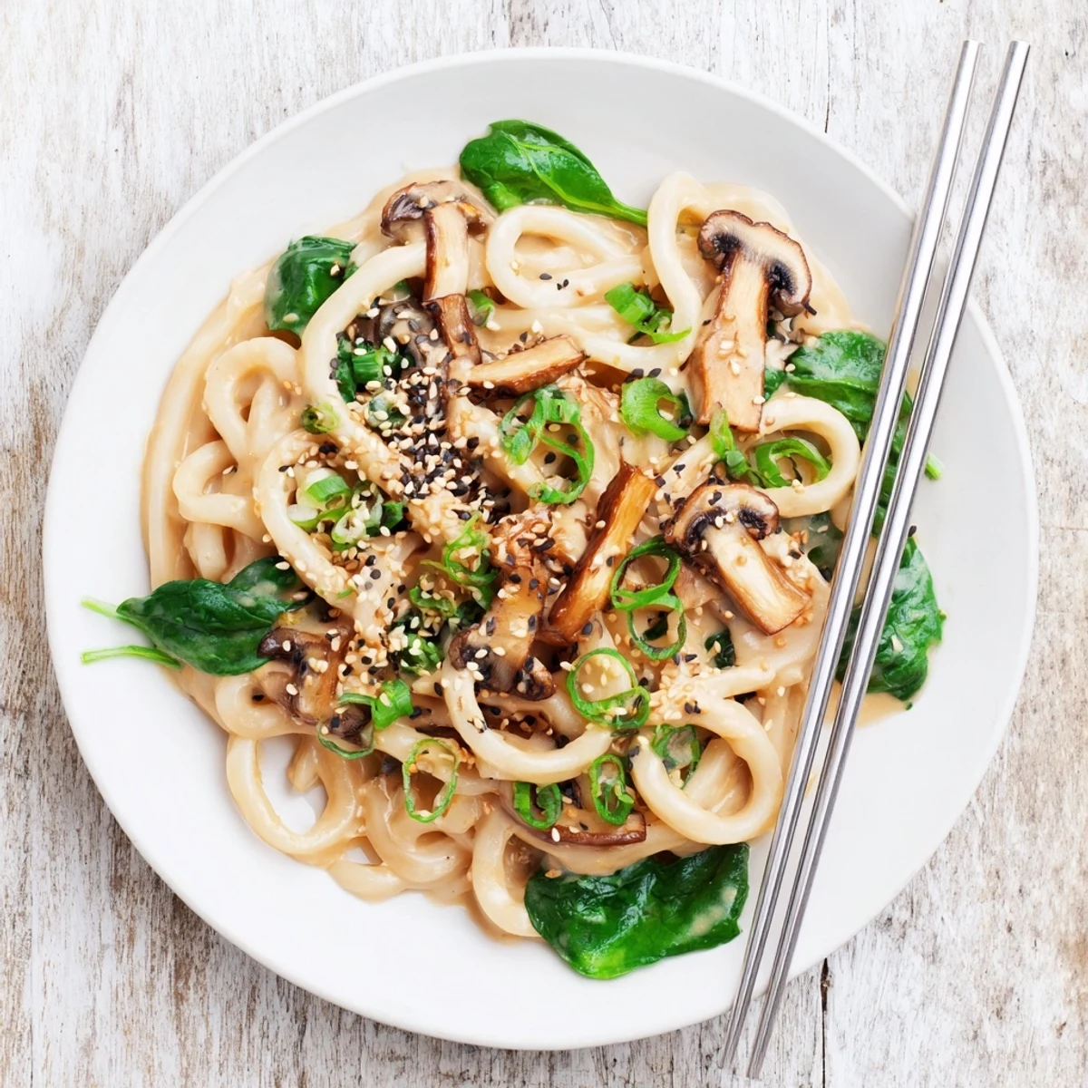Thick udon noodles coated in rich, creamy miso sauce with tender shiitake mushrooms and wilted spinach garnished with green onions and sesame seeds