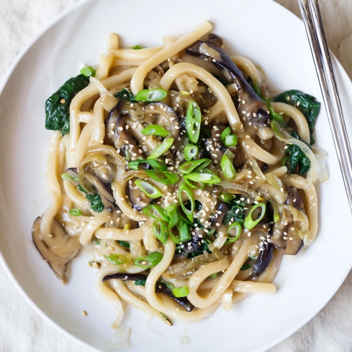 Steamy bowl of Japanese-inspired creamy miso udon featuring savory cream sauce, fresh vegetables, and toasted sesame topping