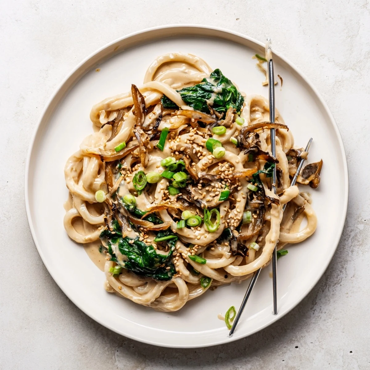 Creamy miso udon noodle dish with mushrooms and spinach in a velvety umami white miso cream sauce