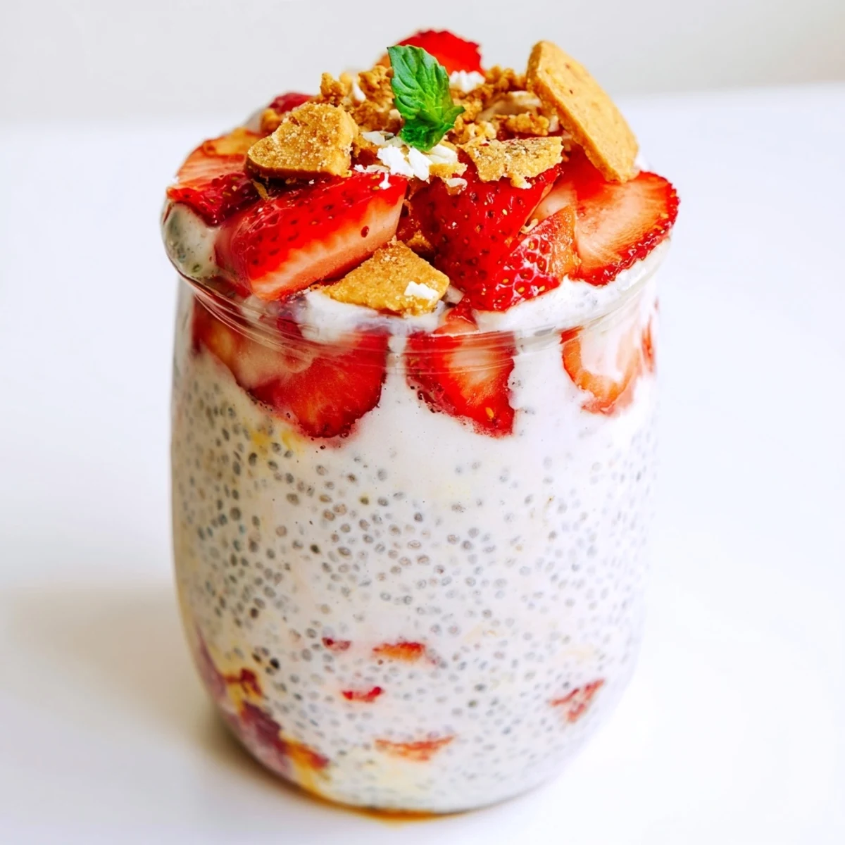 Layered strawberry cheesecake chia pudding with fresh berry compote and creamy cheesecake filling