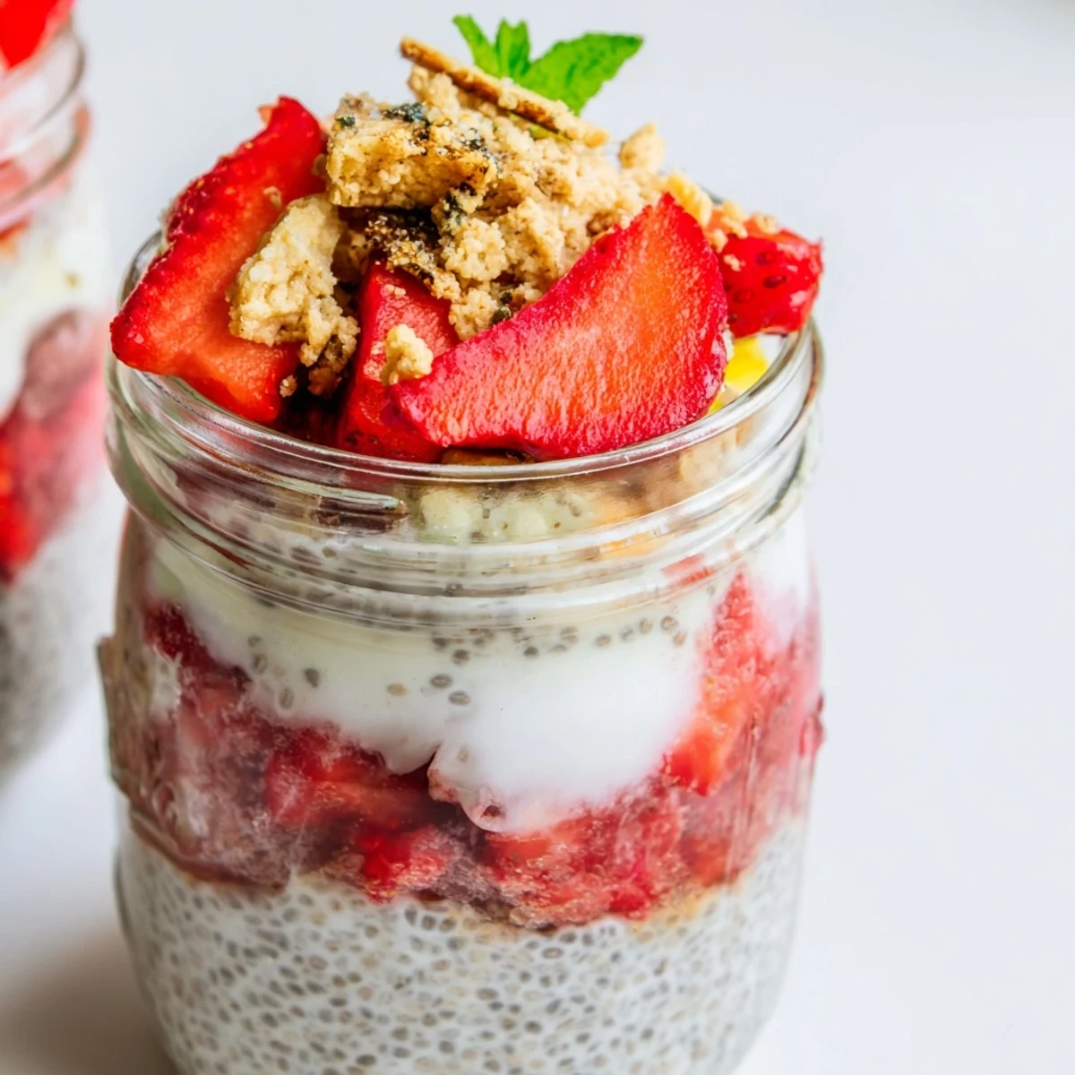 Creamy strawberry cheesecake chia pudding parfait garnished with fresh strawberries and graham cracker crumbs