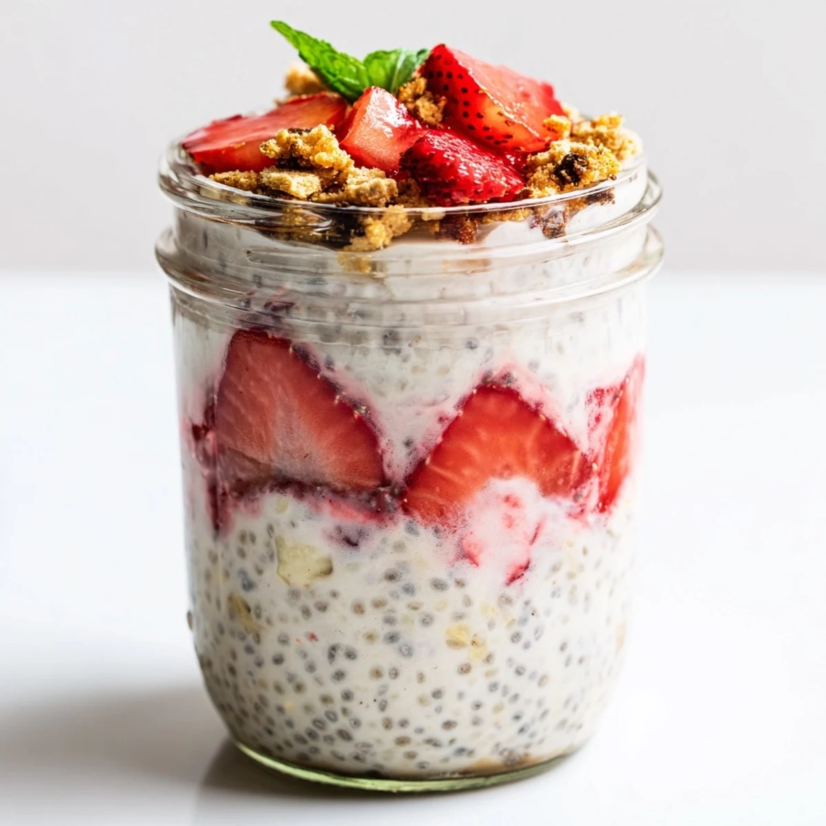 Glass jar showing strawberry chia pudding topped with tangy cheesecake layer and diced strawberries