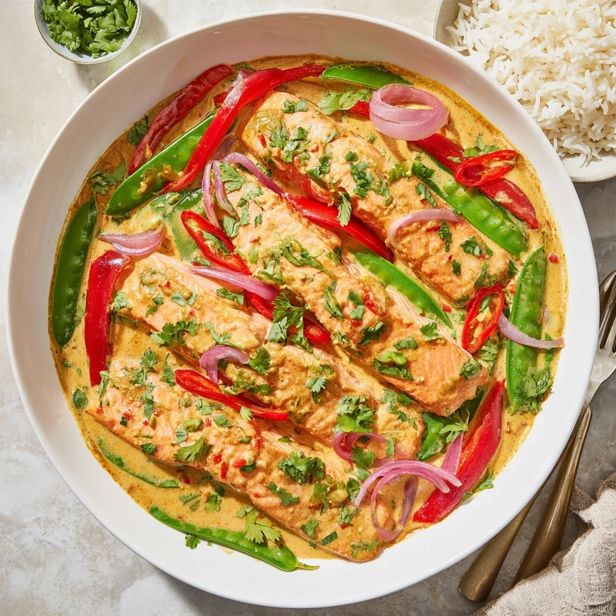 Flaky salmon fillets nestled in fragrant Thai red curry sauce garnished with fresh chopped cilantro and sliced red chili