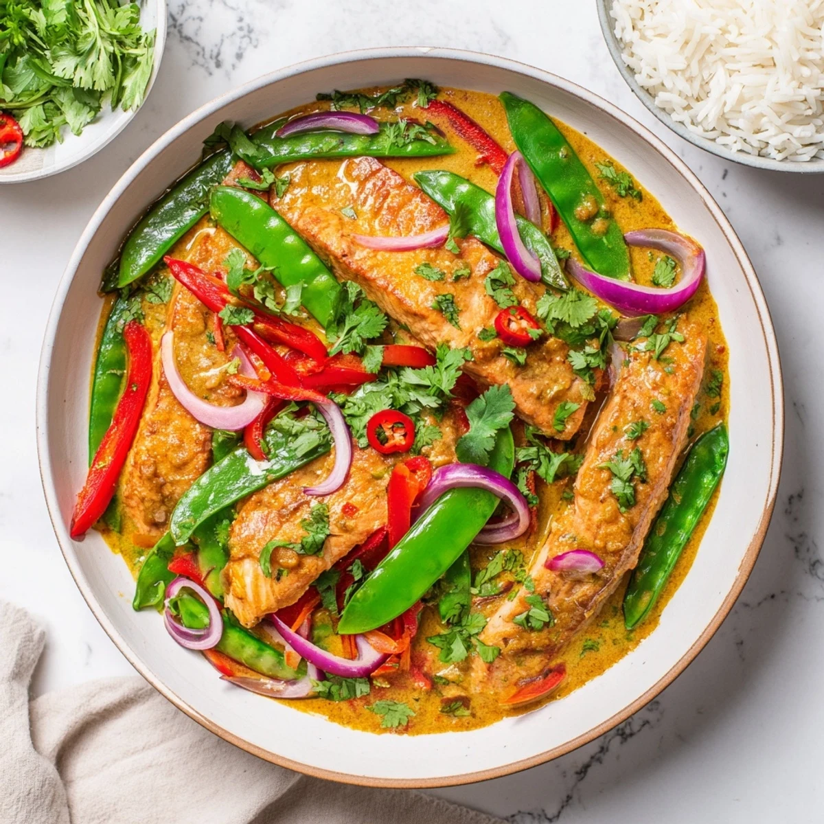 Rich coconut red curry salmon served over fluffy jasmine rice topped with vibrant coriander and crisp vegetables