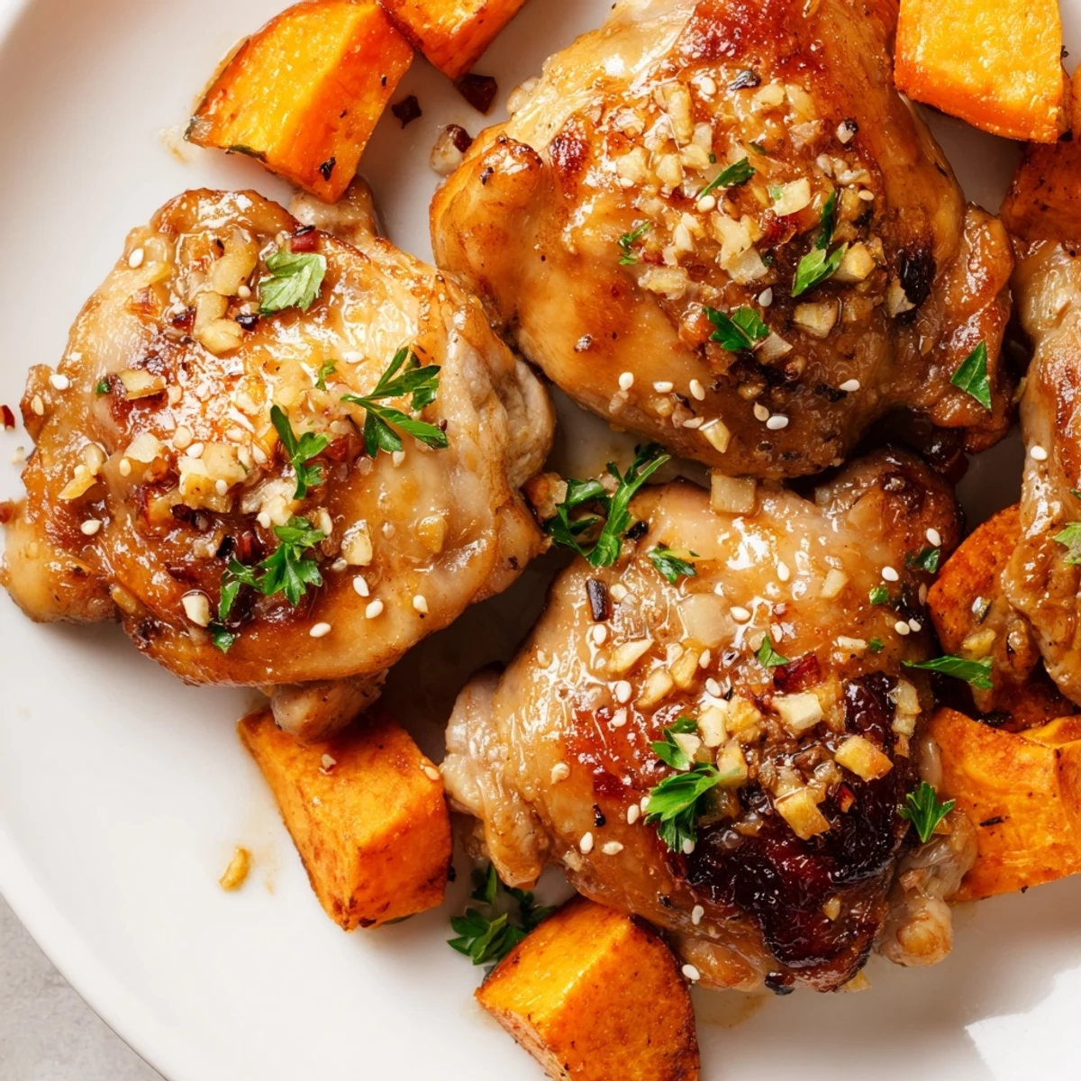 Golden honey garlic chicken thighs glazed and roasted alongside caramelized sweet potato cubes on a baking sheet