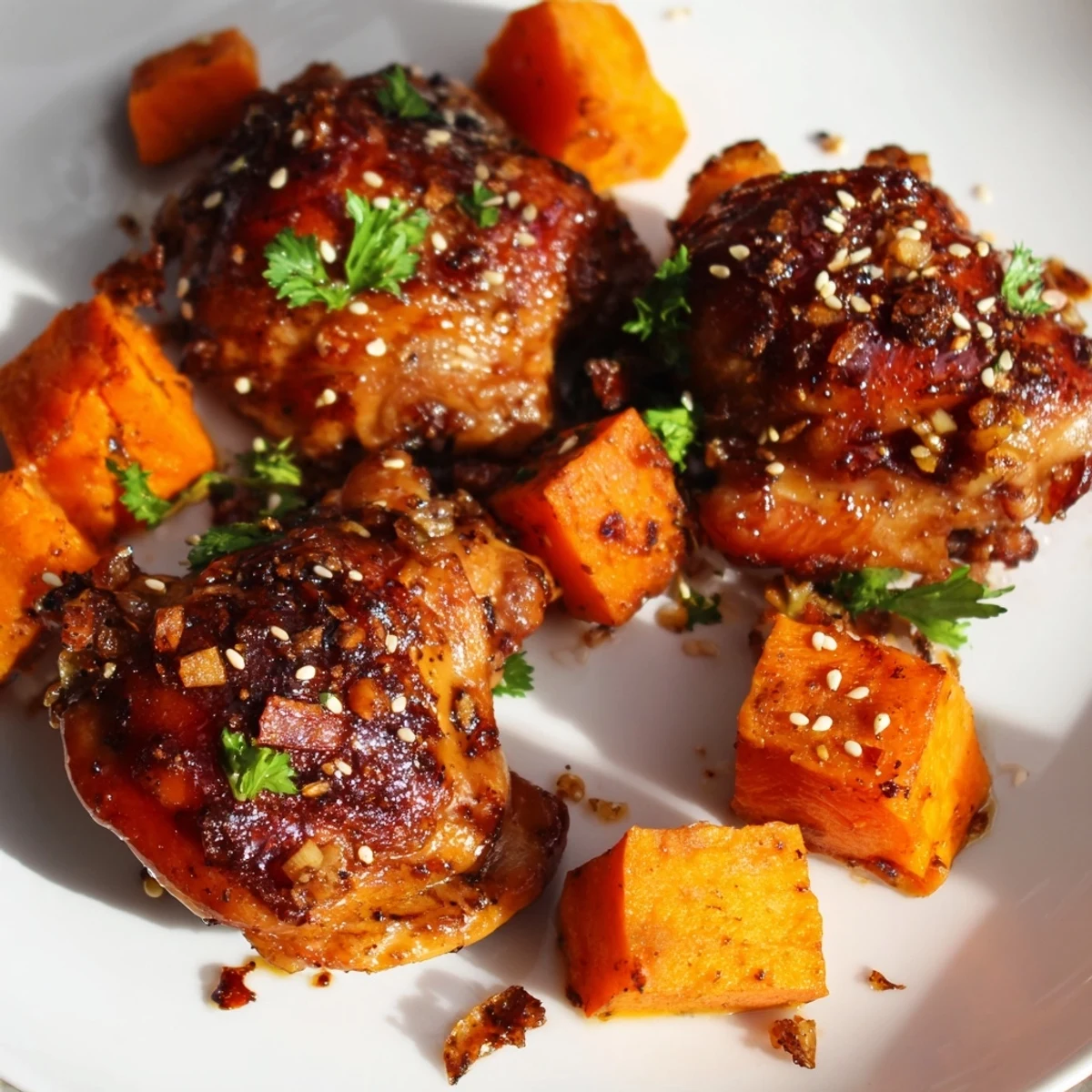Tender glazed honey garlic chicken with roasted sweet potatoes garnished with fresh parsley and sesame seeds