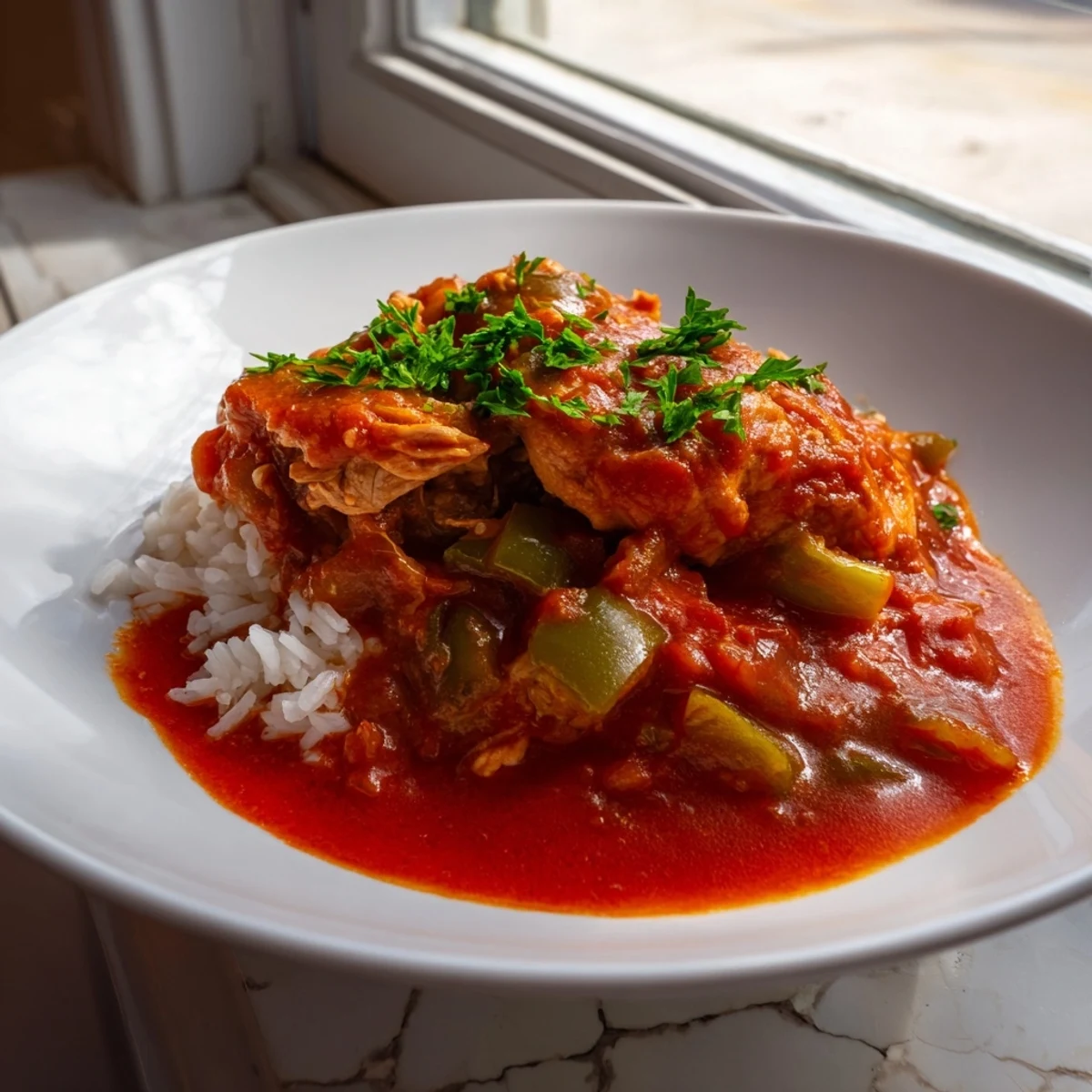 Golden brown chicken thighs simmering in rich red tomato sauce with the holy trinity vegetables