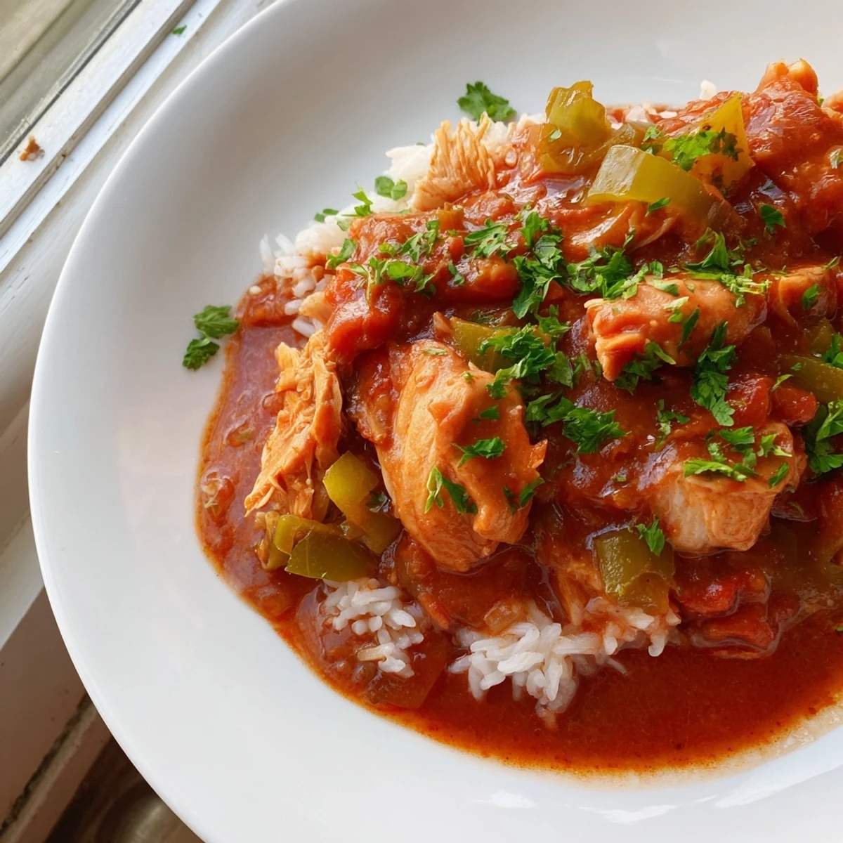 Steaming bowl of Louisiana chicken stew served over fluffy white rice and garnished with fresh parsley