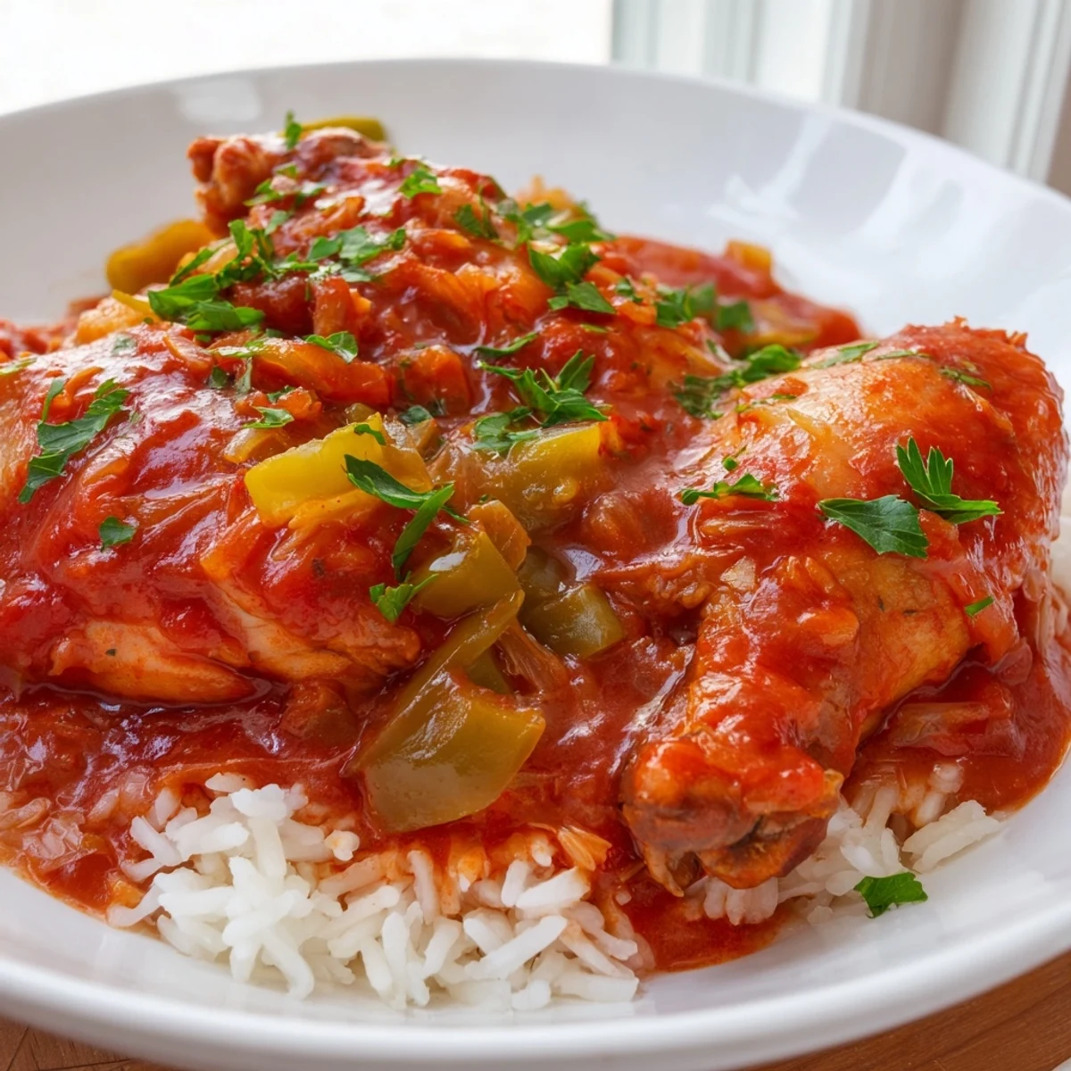 Tender Creole-style chicken stew bubbling in a Dutch oven with bell peppers, onions, and celery