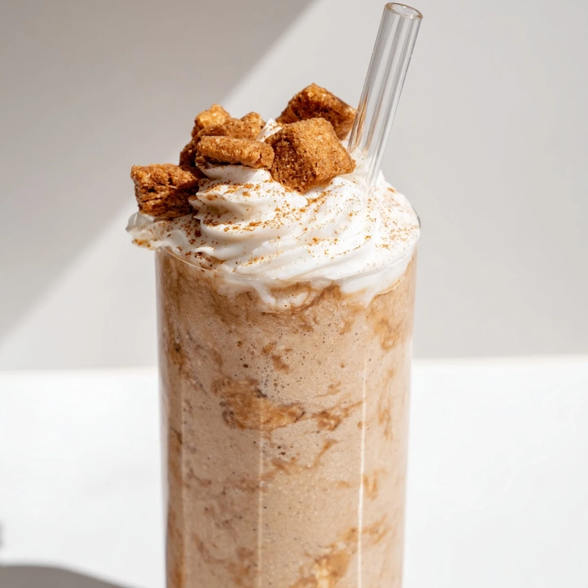 Creamy Cinnamon Toast Crunch frappe topped with whipped cream and cereal garnish in tall glass