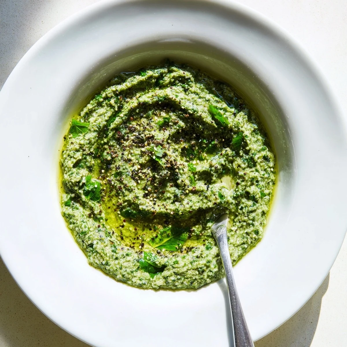 Vibrant green Thai basil pesto swirls elegantly around fresh rice noodles in a white bowl