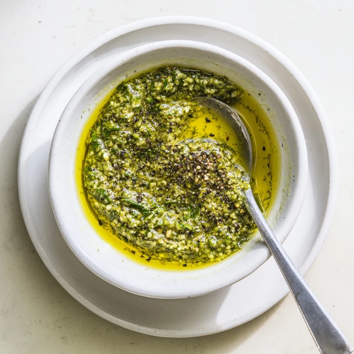 Creamy Thai basil pesto drizzled generously over perfectly grilled chicken breast on a wooden board