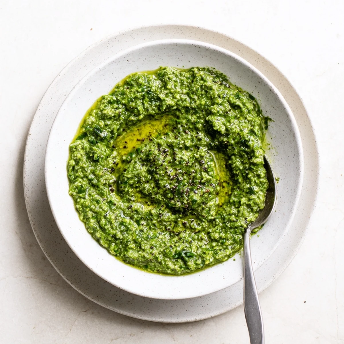 Close-up of fragrant Thai basil pesto served with crusty bread slices for dipping and spreading