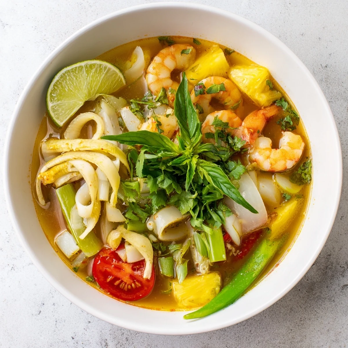 Steamy aromatic Canh Chua featuring catfish, tomatoes, okra, and bean sprouts in tangy tamarind broth