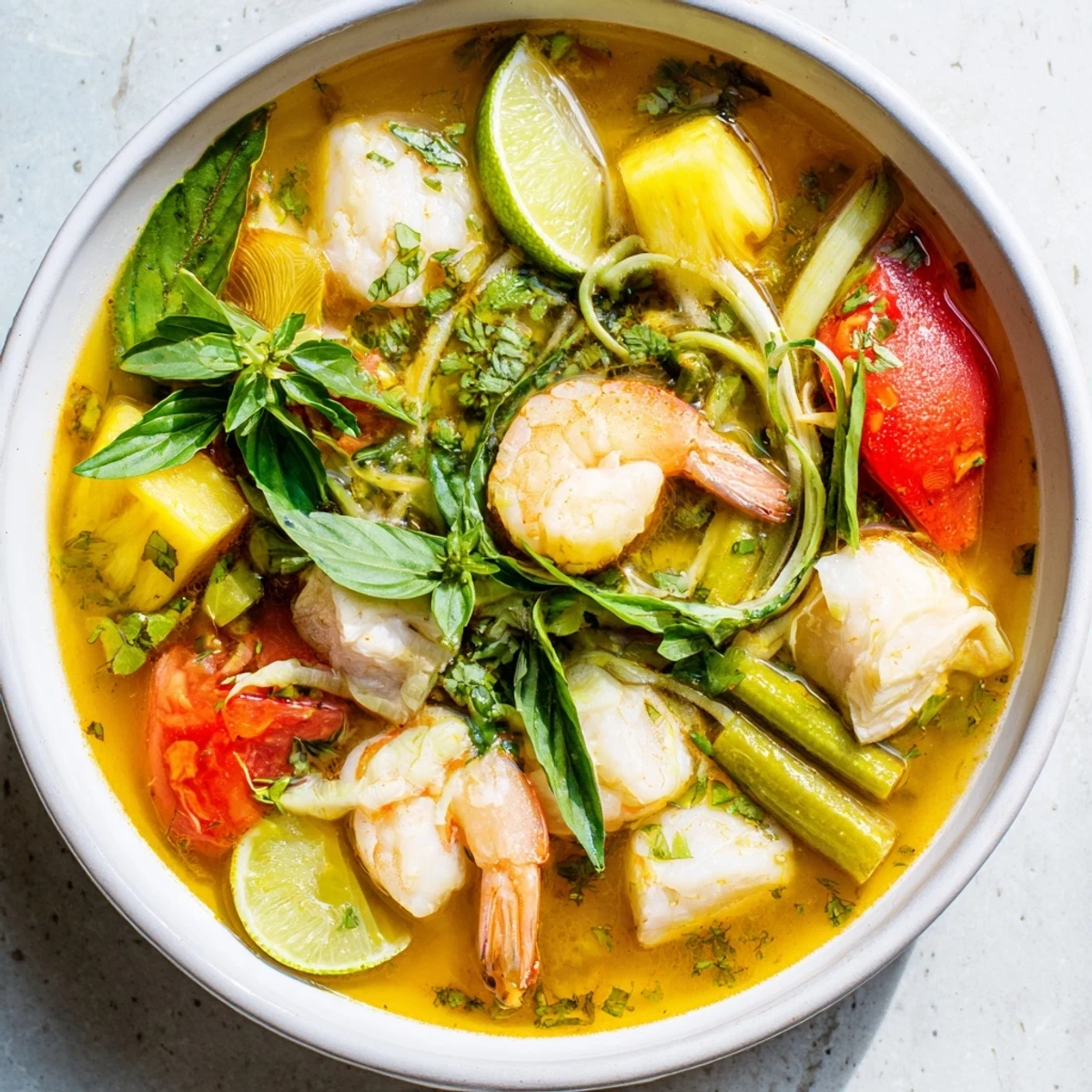 Vibrant Vietnamese sour soup bowl topped with cilantro, lime wedges, and colorful vegetables swimming in savory stock