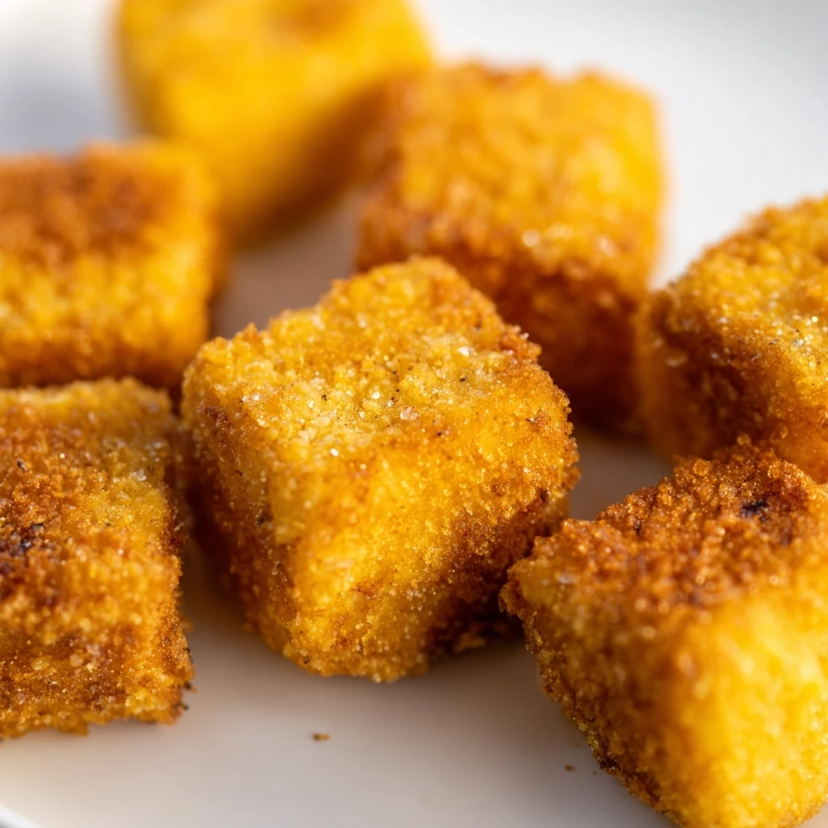 Golden crispy Tahu Sumedang served on white plate with fresh chilies and sweet soy sauce