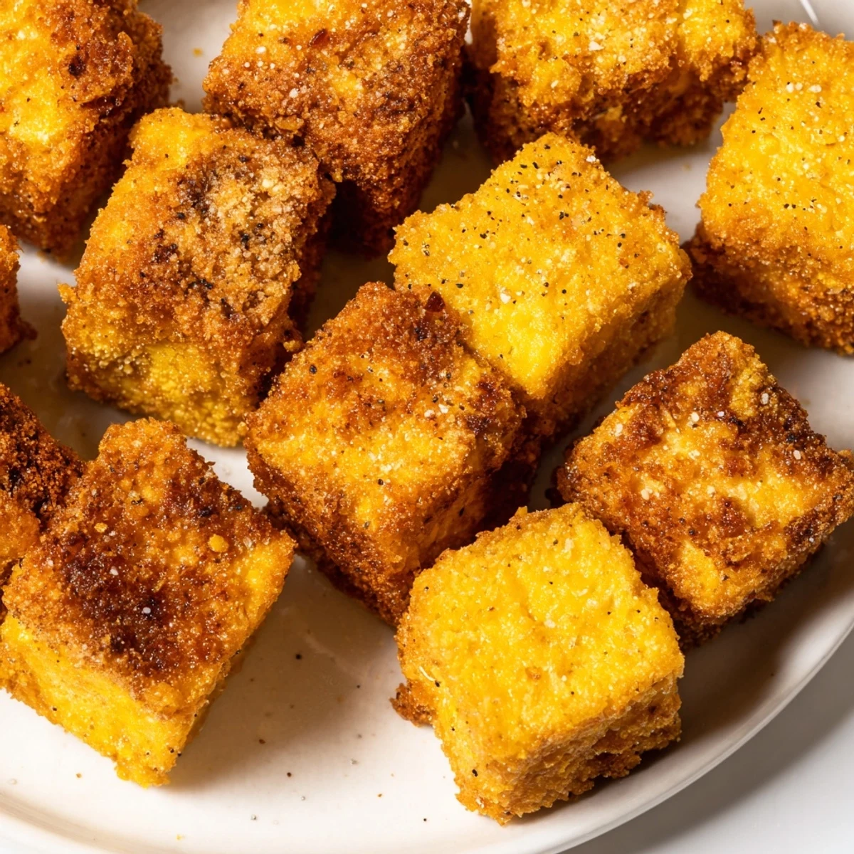 Fried Indonesian Tahu Sumedang cubes with fluffy interior displayed on rustic wooden board