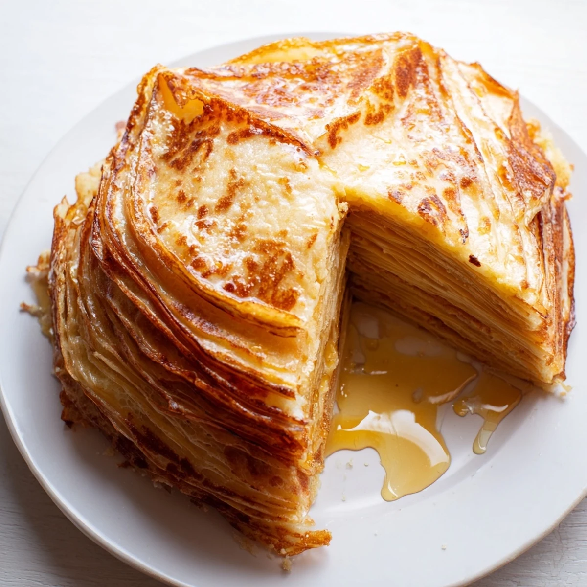 Golden brown Meloui Moroccan pancakes stacked on a wooden board, warm honey drizzling over flaky layers