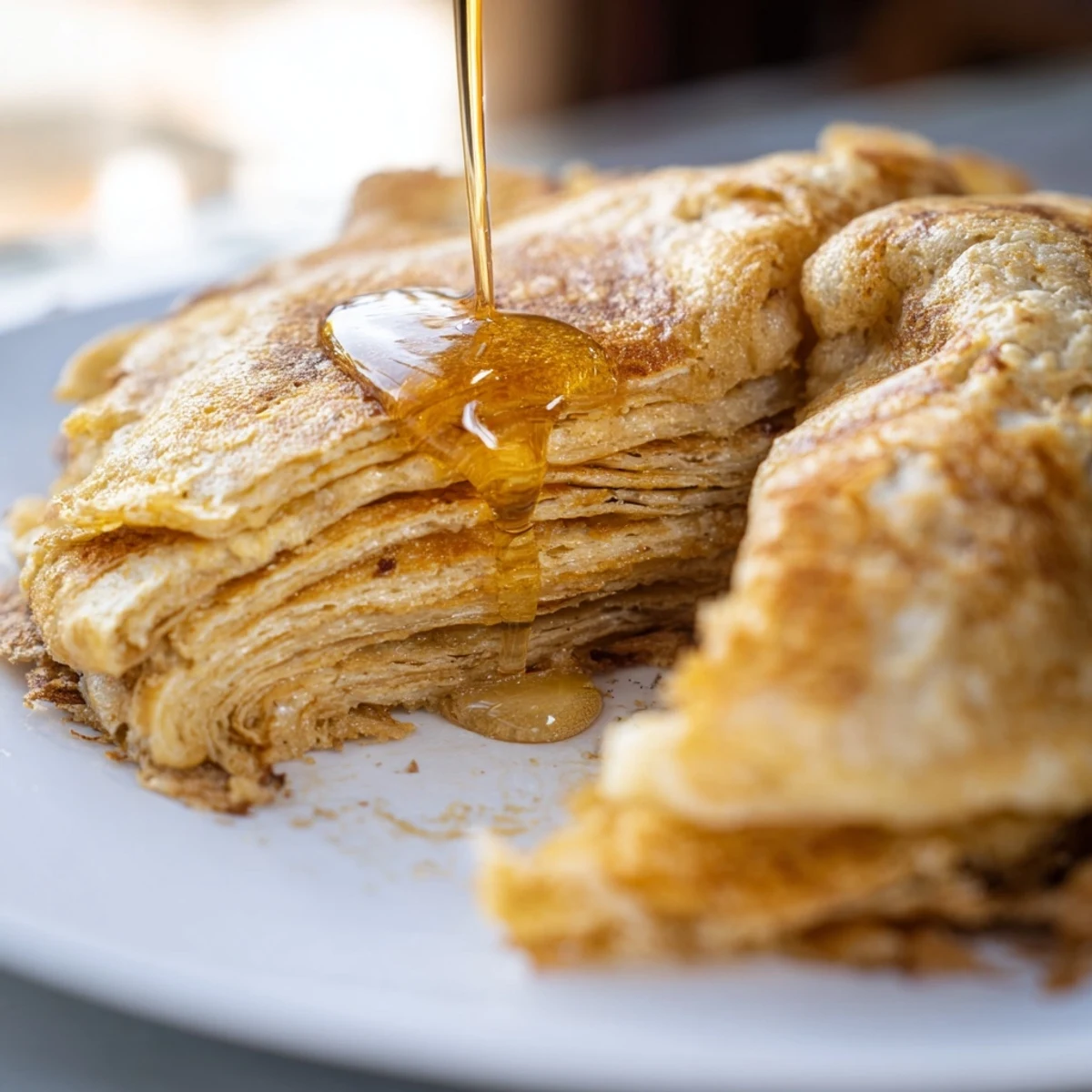 Stack of warm Meloui Moroccan pancakes dusted with powdered sugar and served with honey for breakfast
