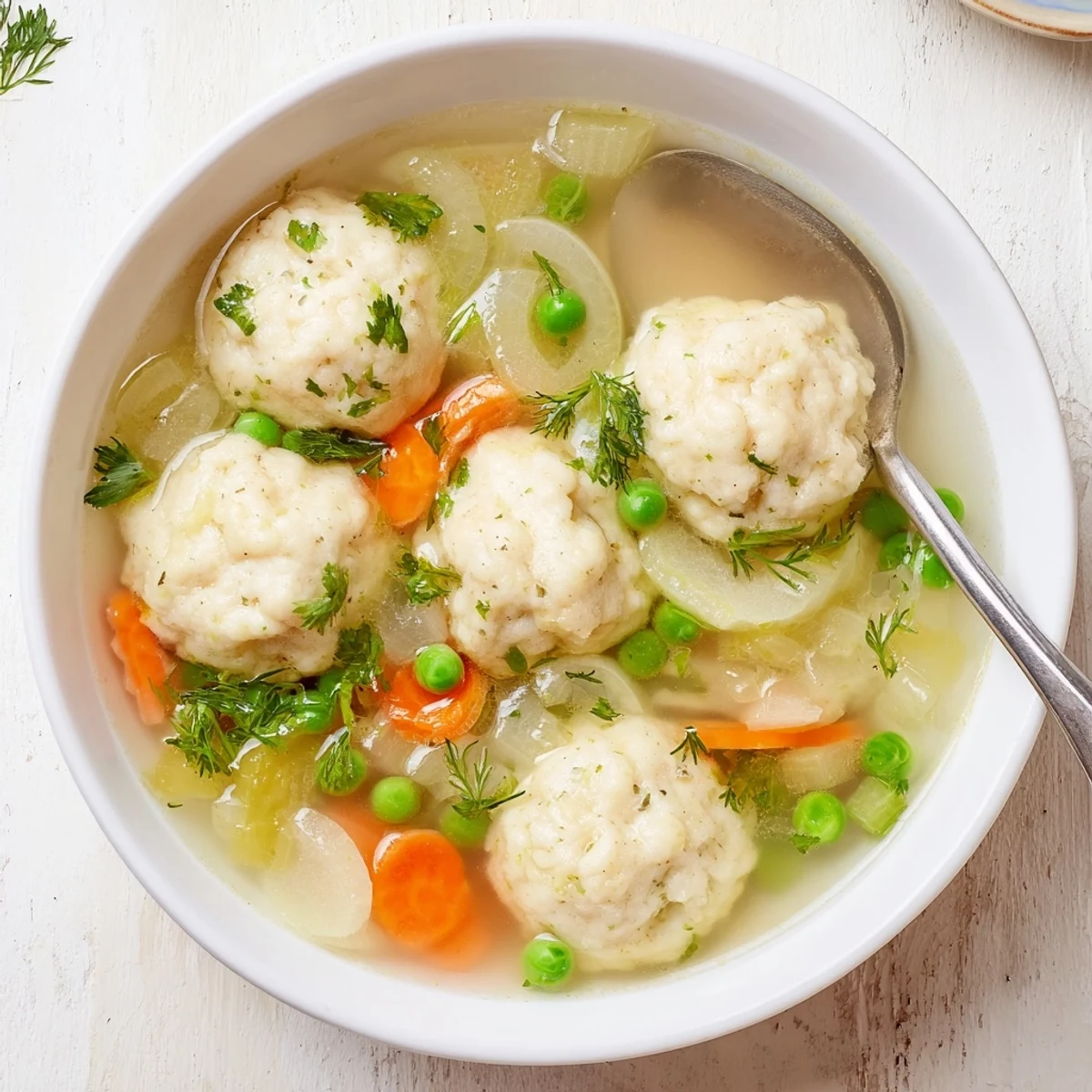 Comforting dumpling soup with tender dough drop-dumplings simmered in aromatic vegetable broth garnished with fresh green herbs