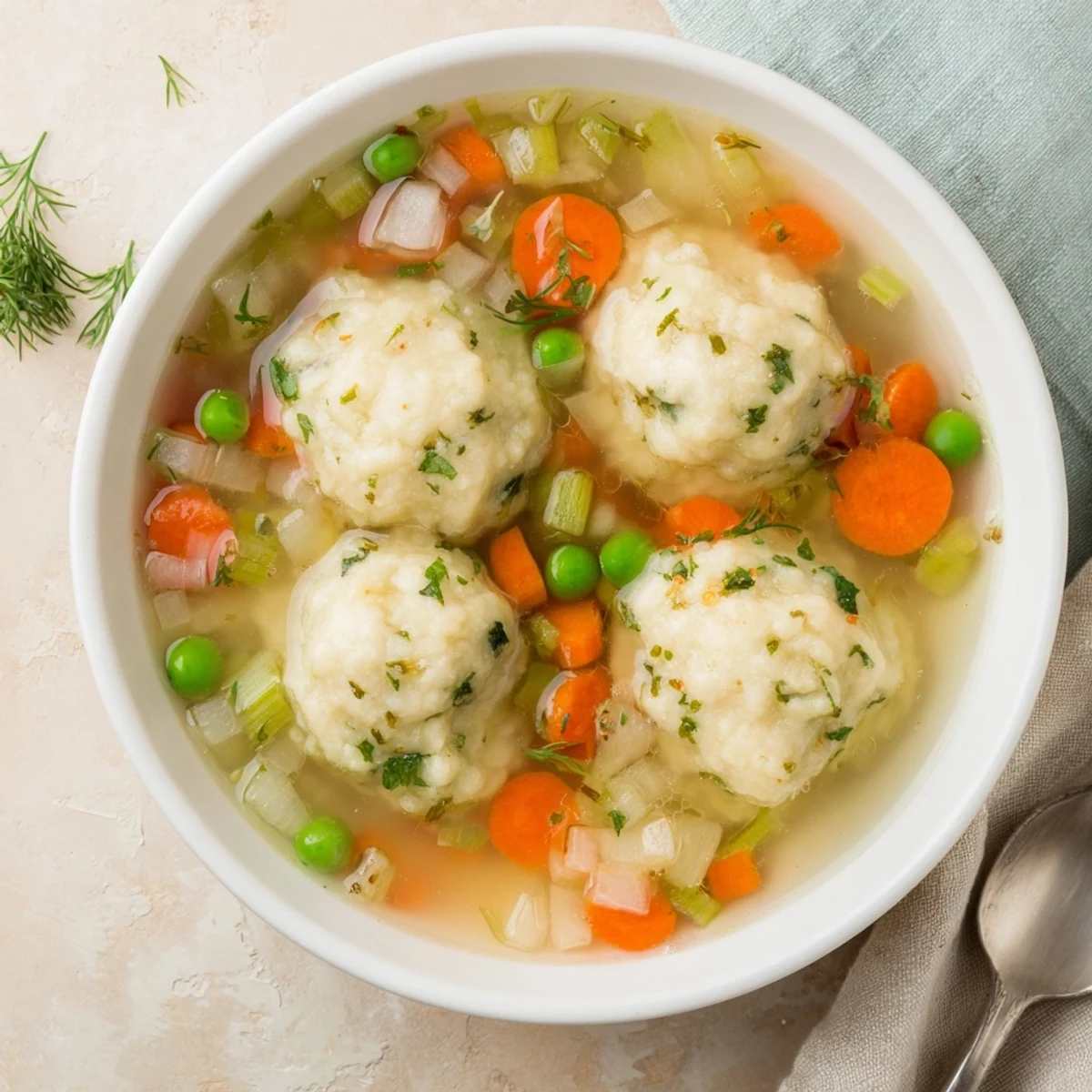 Hearty vegetarian dumpling soup showcasing light flour dumplings in a rich broth with peas, onions, and root vegetables