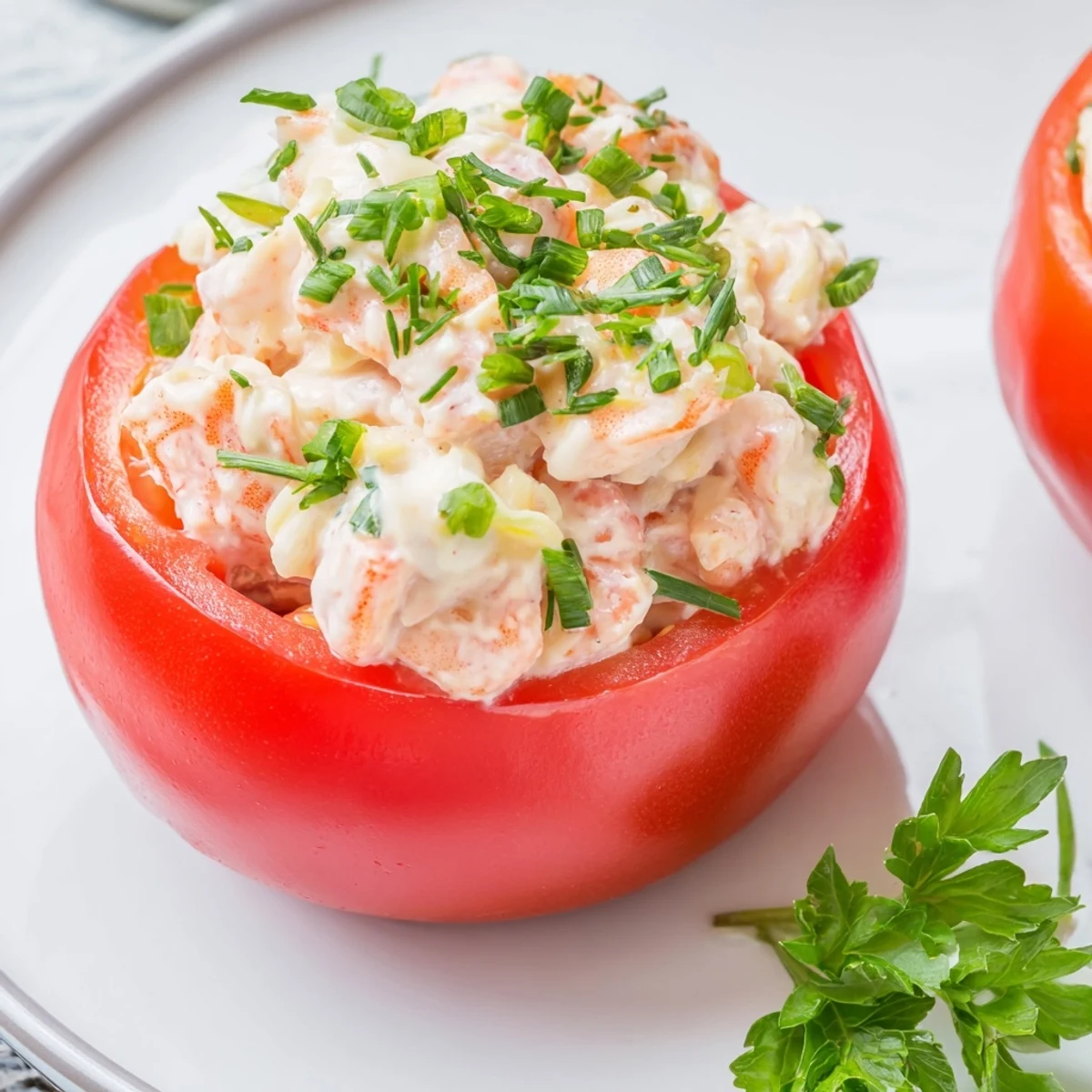 Golden ripe tomatoes stuffed with creamy North Sea shrimp salad and fresh parsley garnish