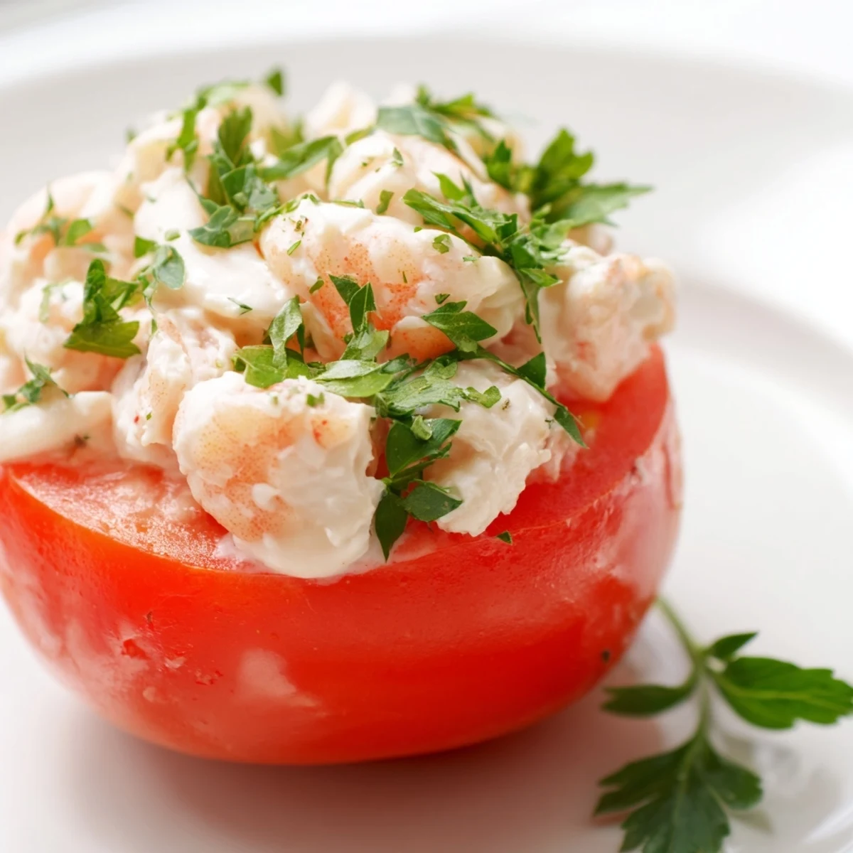 Belgian tomates aux crevettes appetizer filled with pink shrimp mixture on white serving platter