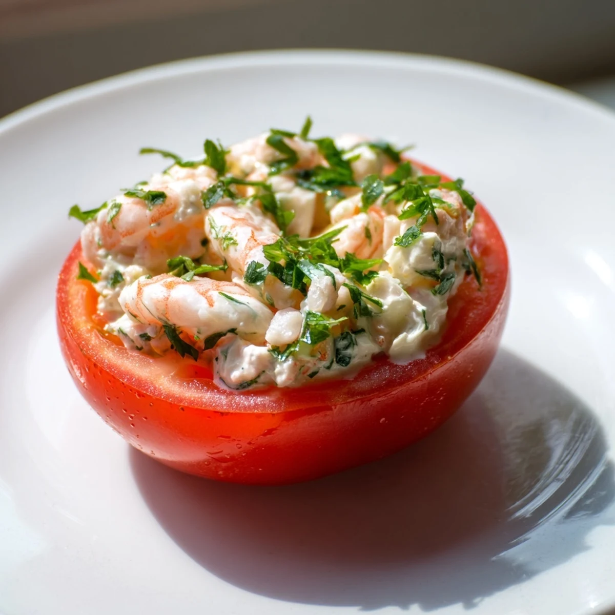 Fresh tomato halves overflowing with seasoned shrimp salad and chopped chives for summer entertaining