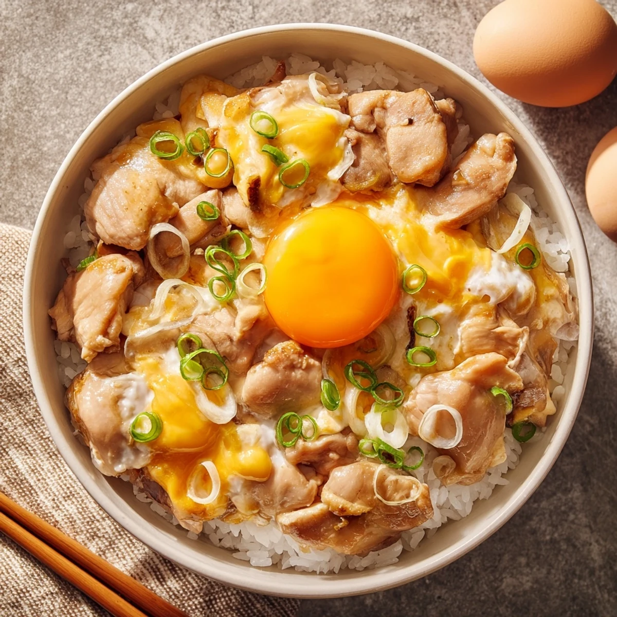 Comforting chicken and egg Oyakodon served hot over fluffy Japanese rice in a rustic bowl