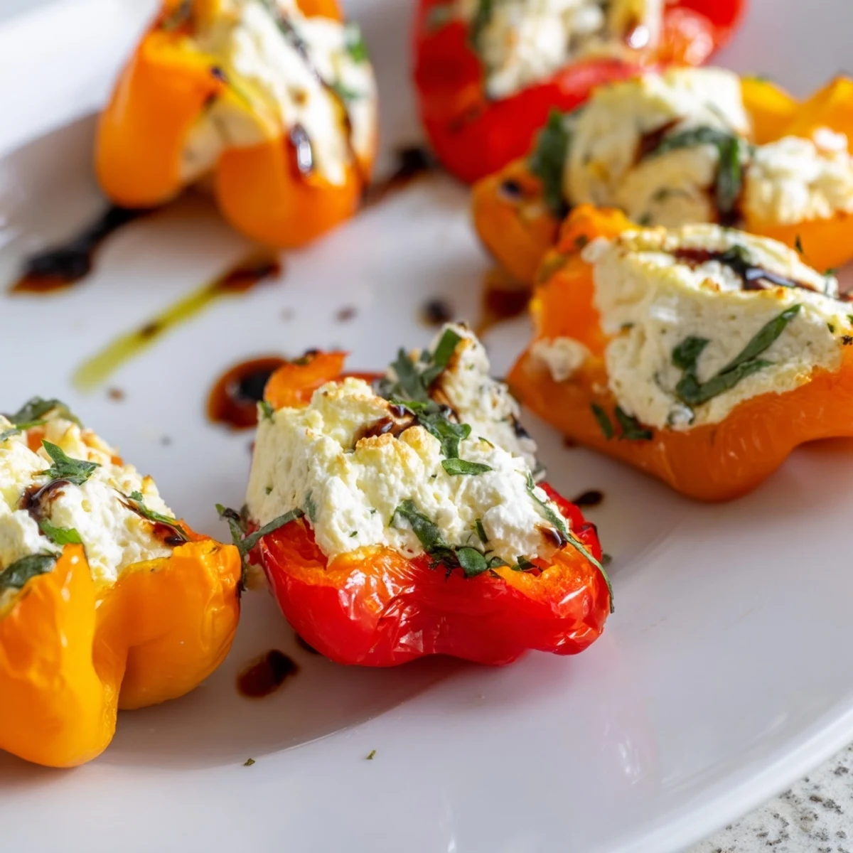 Golden mini peppers filled with creamy herbed goat cheese after roasting in the oven