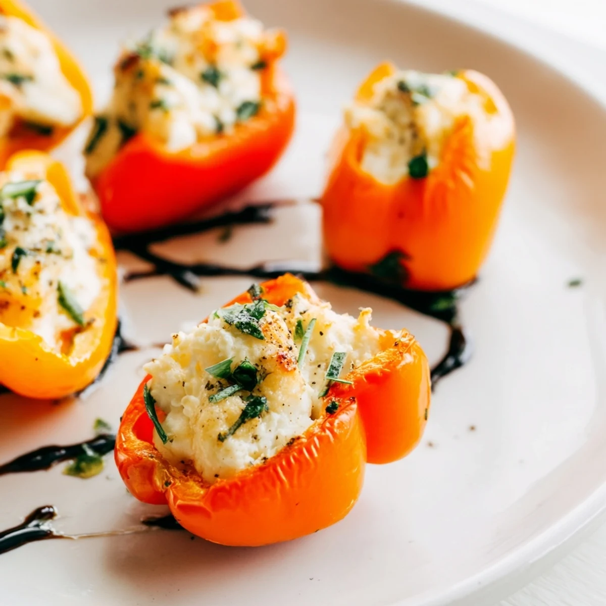 Colorful roasted goat cheese stuffed mini peppers arranged on a serving platter with fresh herb garnish