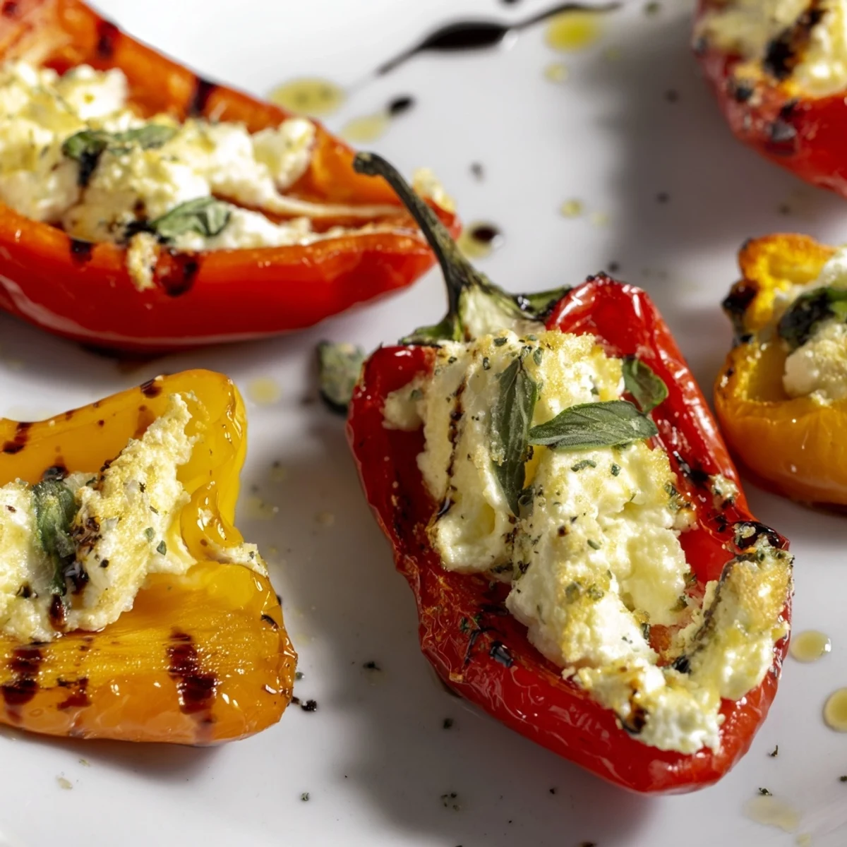 Bite-sized Mediterranean appetizer featuring sweet peppers roasted and stuffed with savory chèvre cheese filling