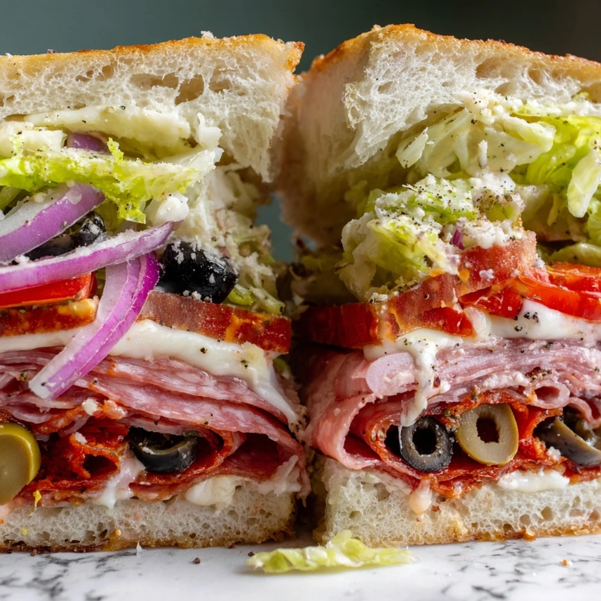 Golden Italian Grinder Salad Sandwich layered with deli meats, melted provolone, and crisp vegetable salad on toasted hoagie roll