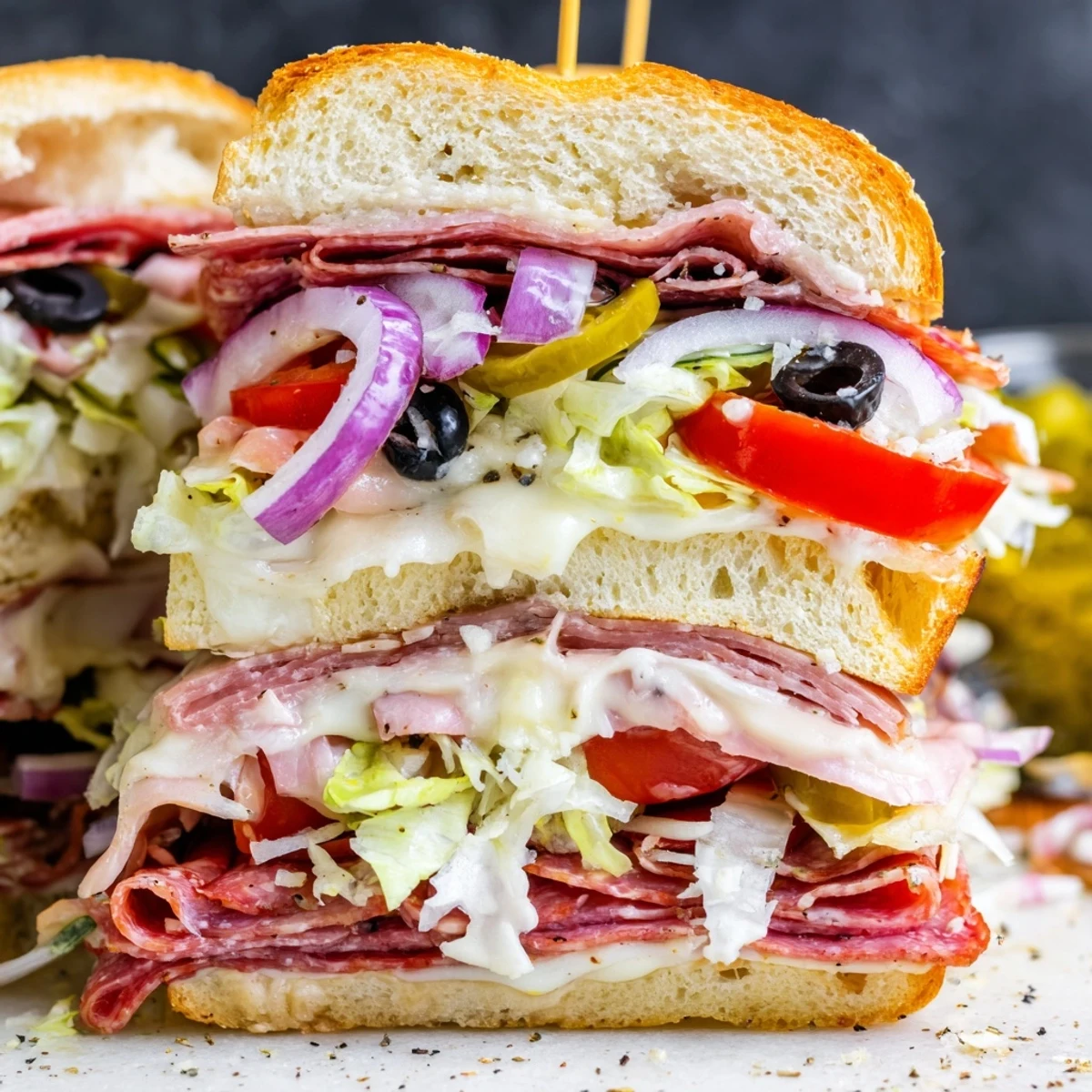 Cross-section of Italian Grinder Salad Sandwich showing colorful lettuce, pepperoncini, tomatoes, and layered cold cuts inside crusty bread