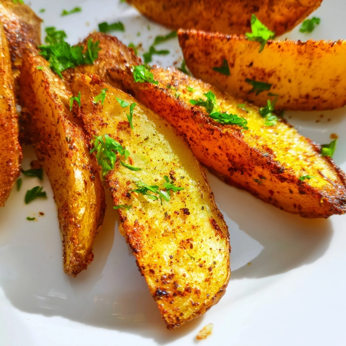 Golden brown crispy air fryer potato wedges seasoned with garlic and paprika on a white plate