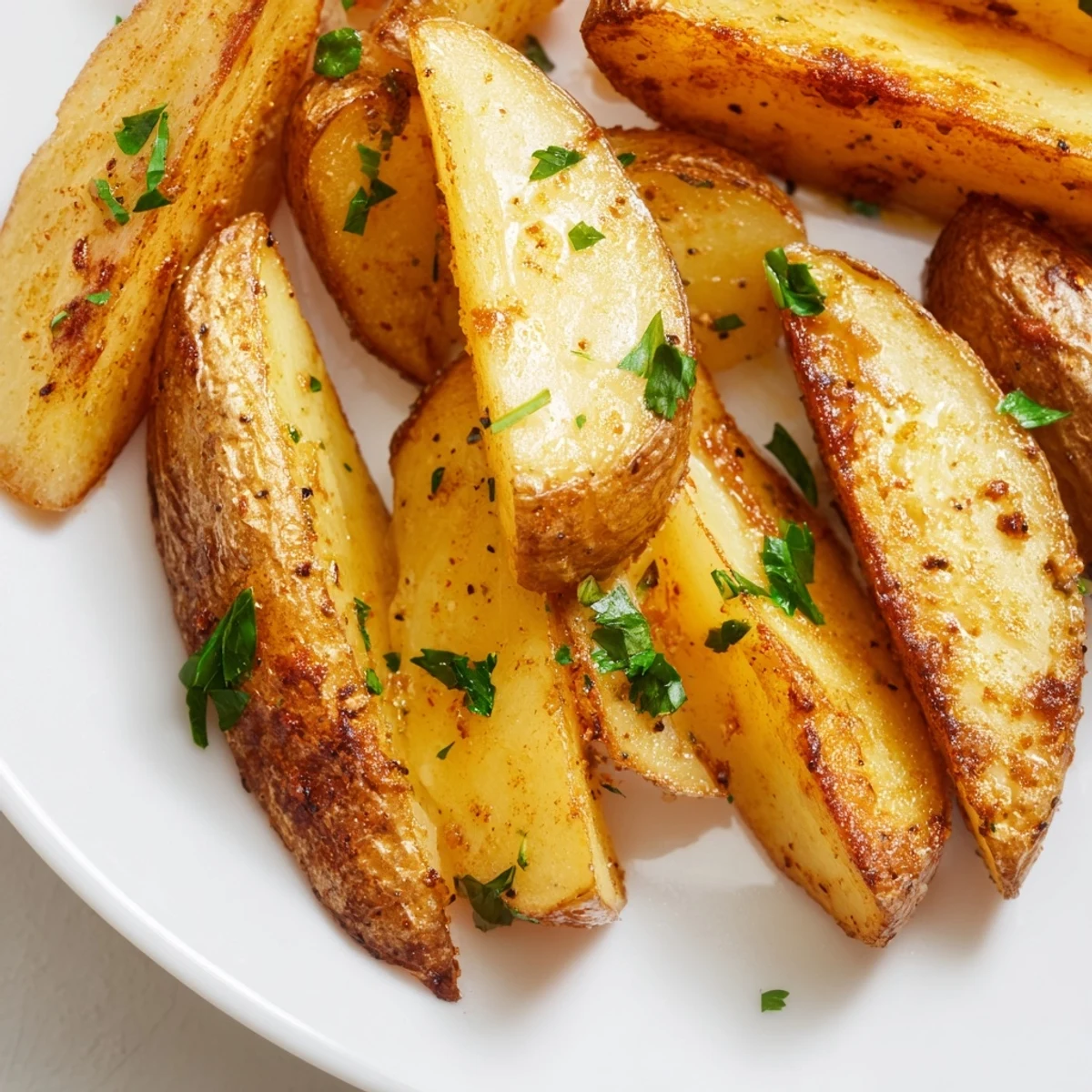Fluffy inside air fryer potato wedges with perfectly seasoned crispy edges garnished with fresh green parsley