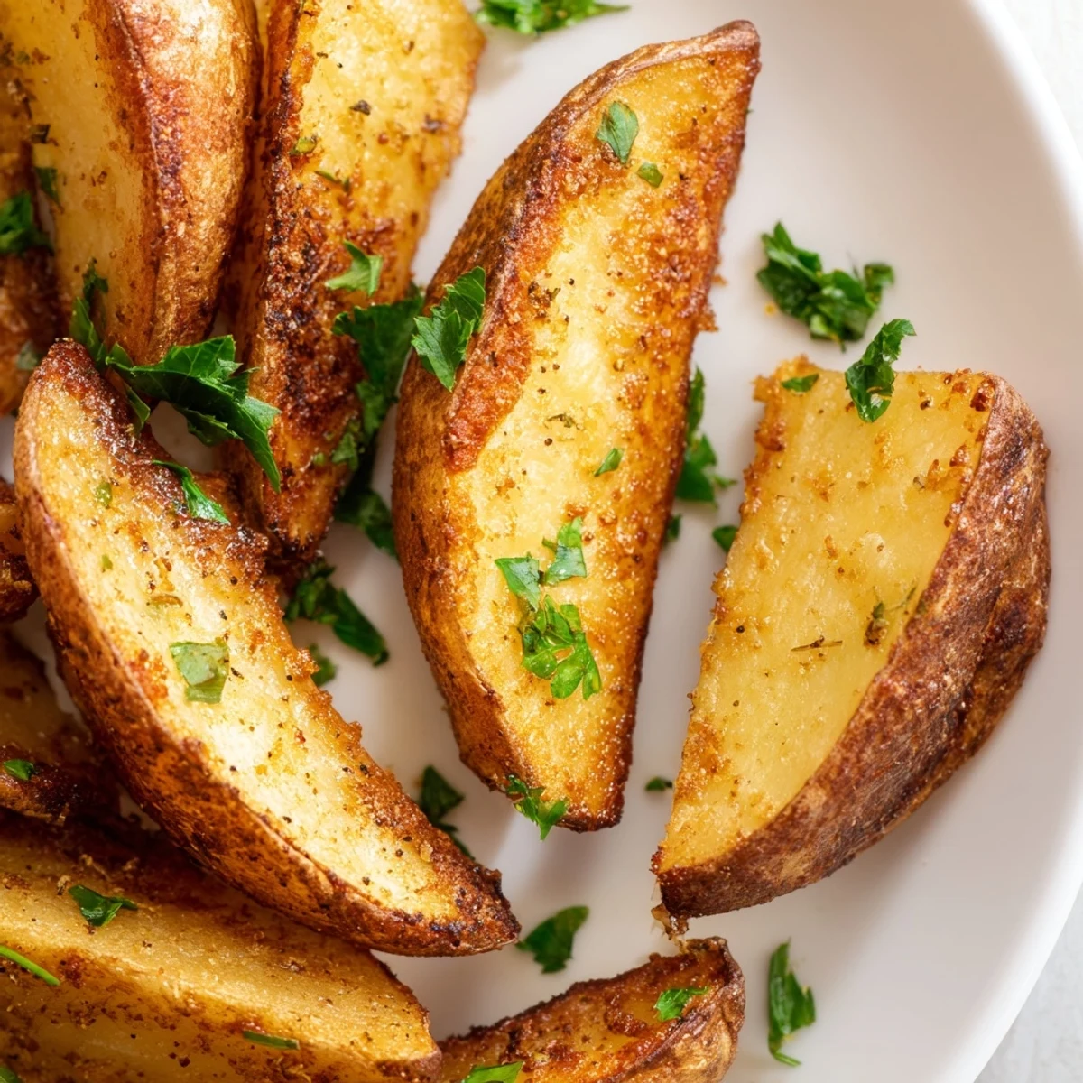 Heap of golden air fryer potato wedges served as a delicious healthy side dish with dipping sauce