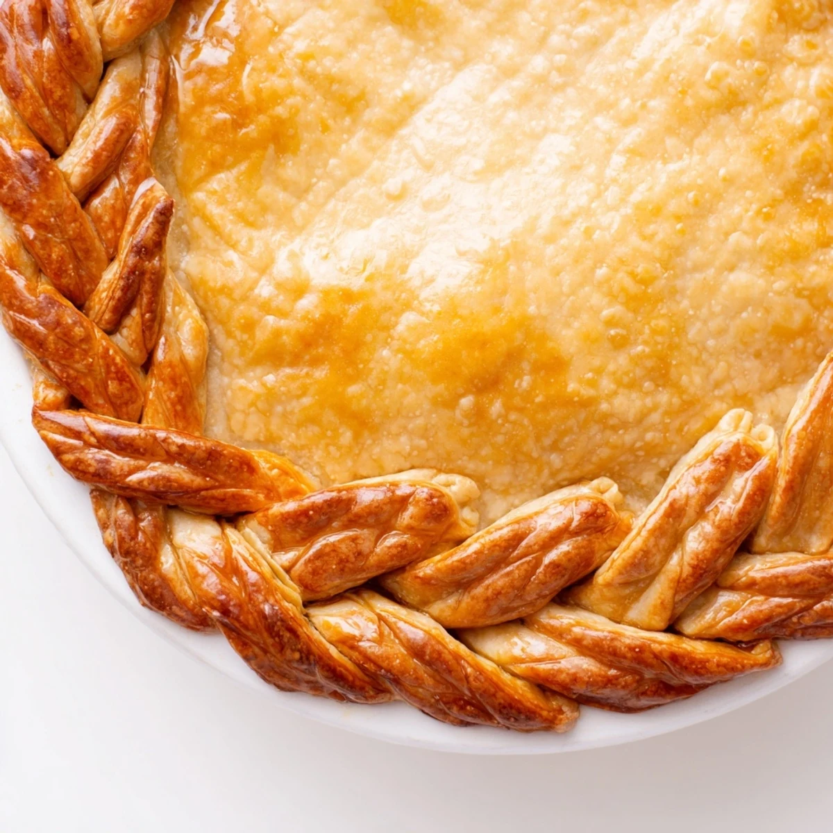 Detailed view of intricate four-strand fishtail braid decorating a classic American 9-inch pie crust