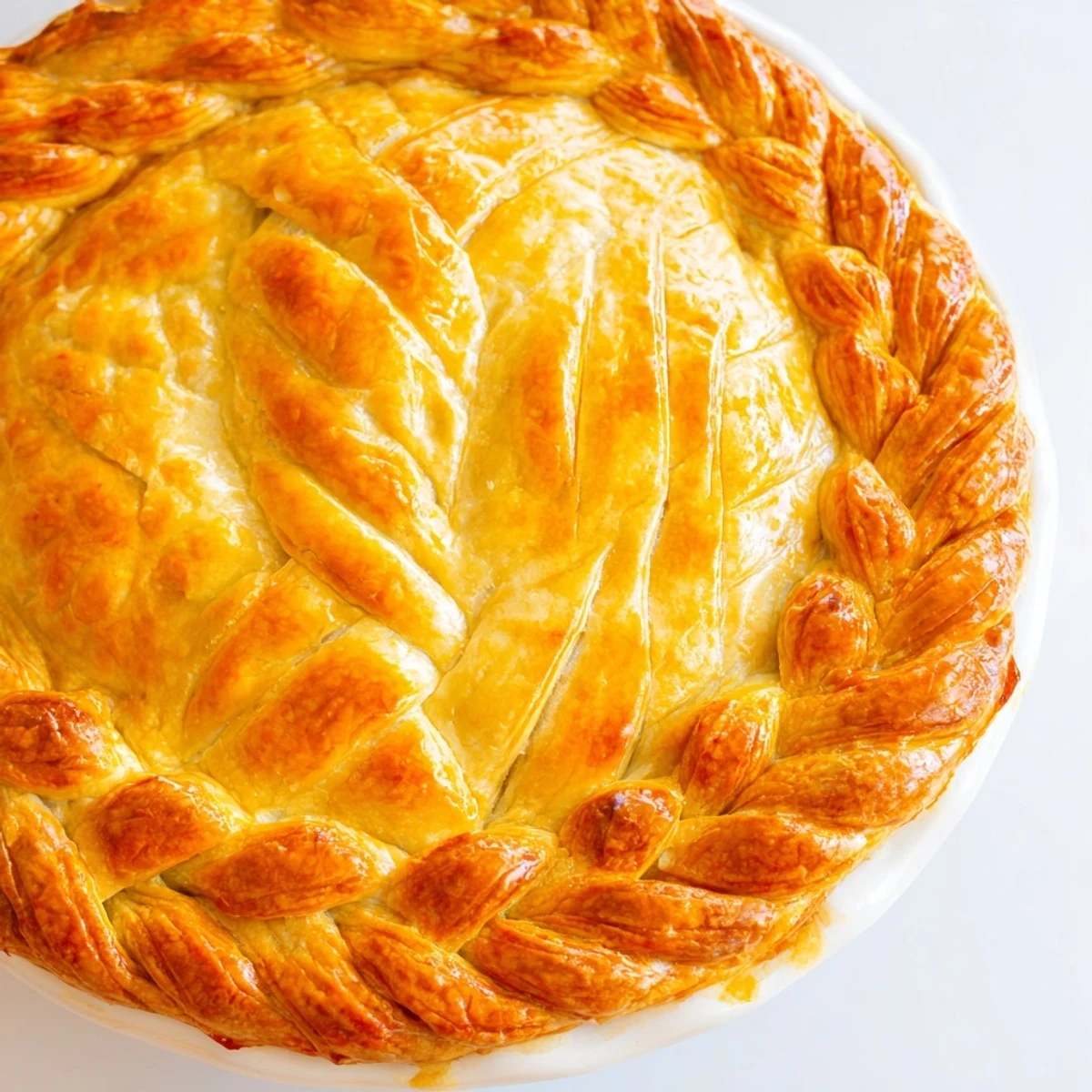 Golden homemade fishtail braid pie crust with woven pastry edges brushed with egg wash