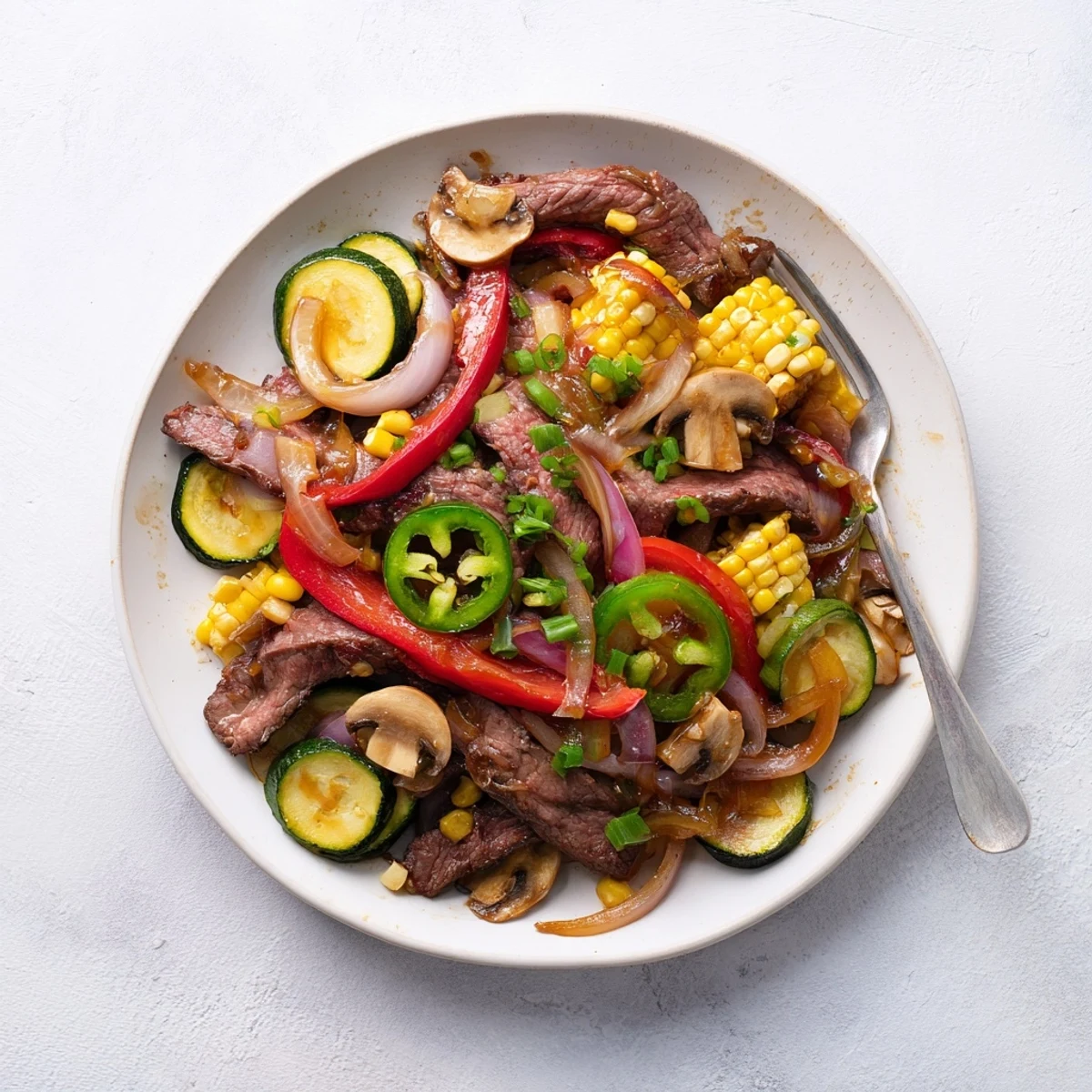 Rustic outdoor griddle meal of caramelized steak and crisp veggies coated in smoky barbecue-style sauce